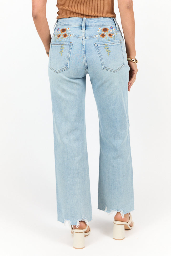 Lily Medium Wash Floral Embroidered Relaxed Crop Jeans for Women | Comfortable High Waist Distressed Denim Pants | Perfect for Casual Outings, Dates & Spring Fashion