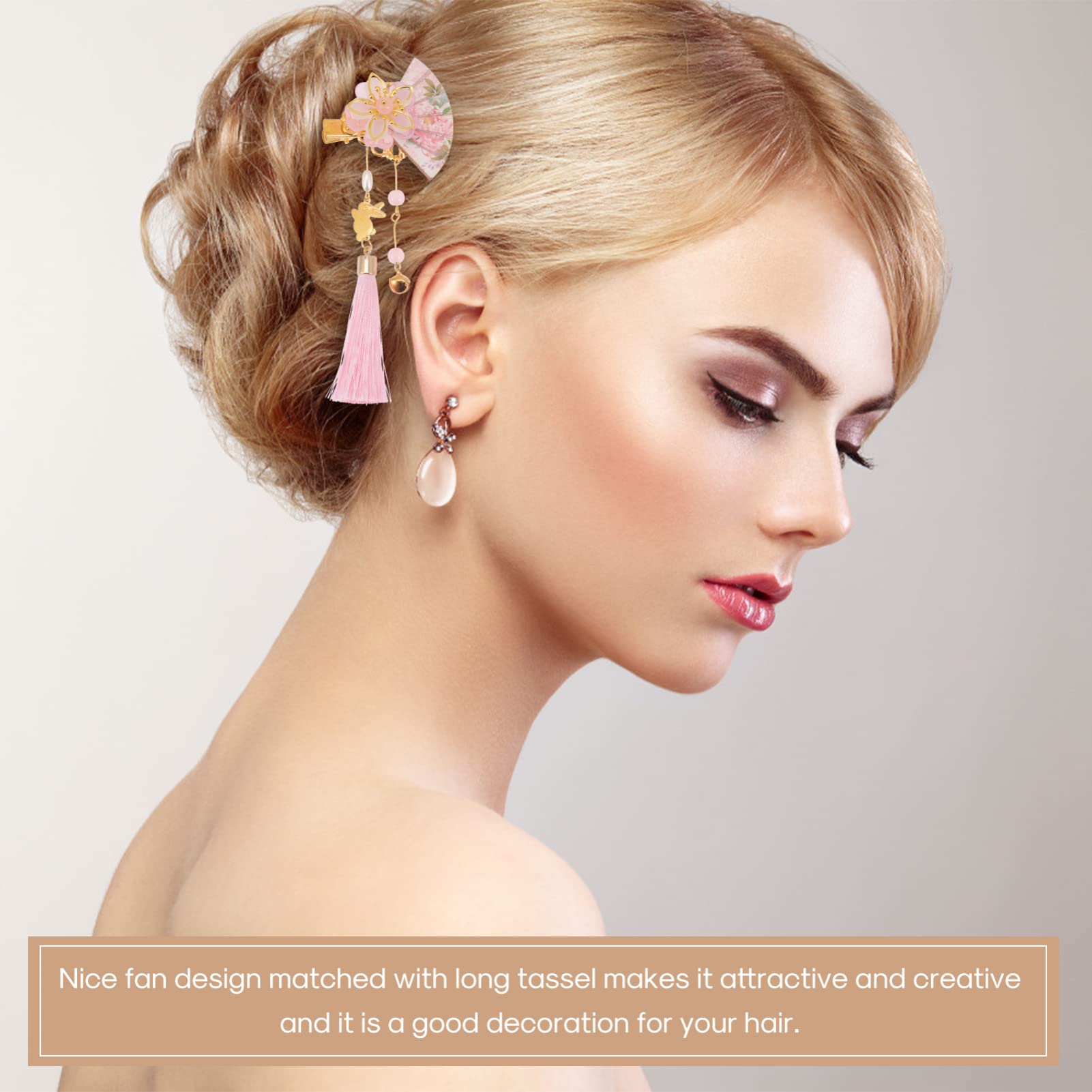 Minkissy 2 Pcs Japanese Hair Clips - Kimono Flower Hair Pins with Tassel, Kanzashi Hair Barrettes for Women & Girls - Traditional Hair Ornament for Costume, Cosplay, Tea Ceremony & Special Occasions - Pink