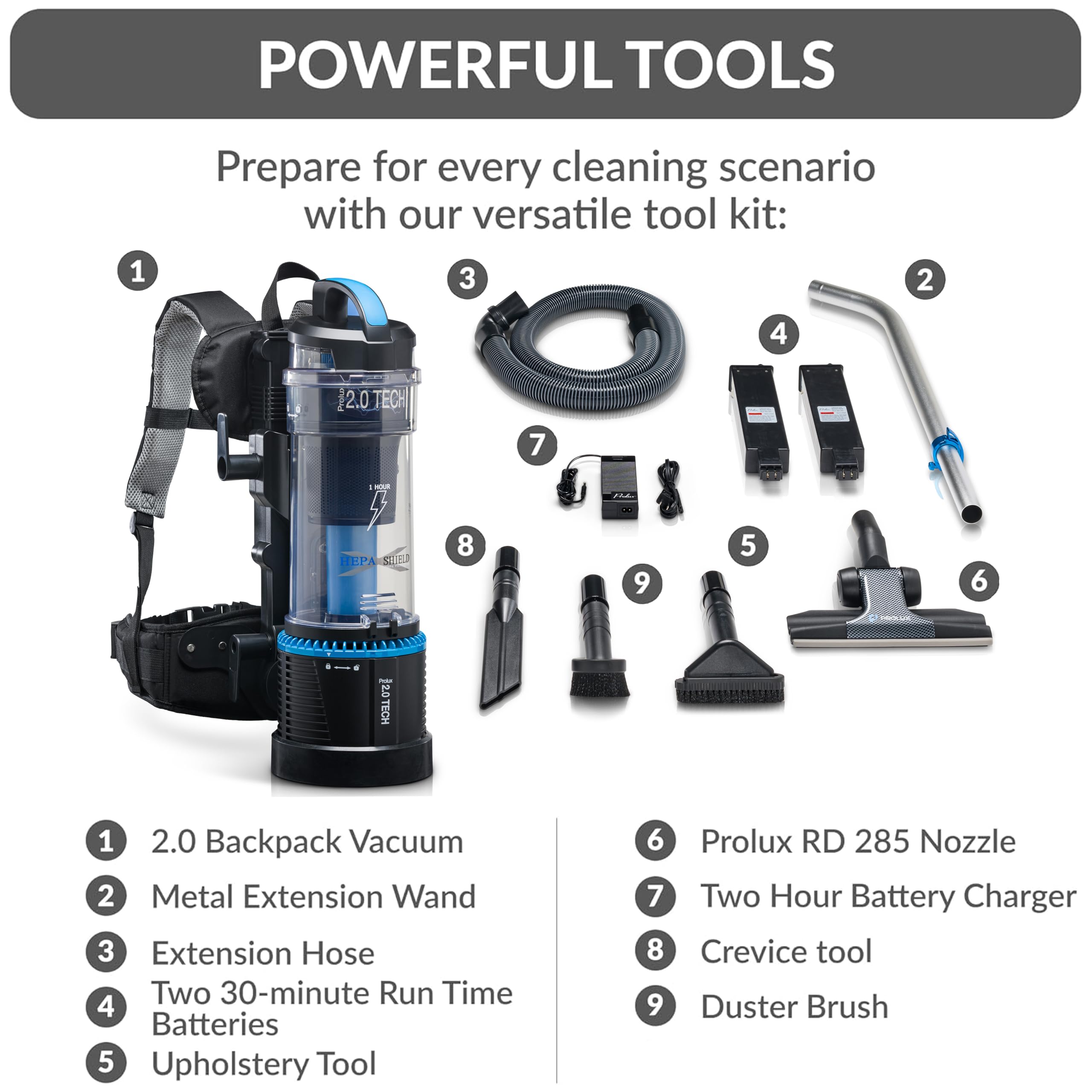 **Prolux 2.0 Cordless Bagless Backpack Vacuum Cleaner with Dual HEPA Filtration & Accessory Kit - Lightweight, Powerful Cleaning for Home, Office & Car**