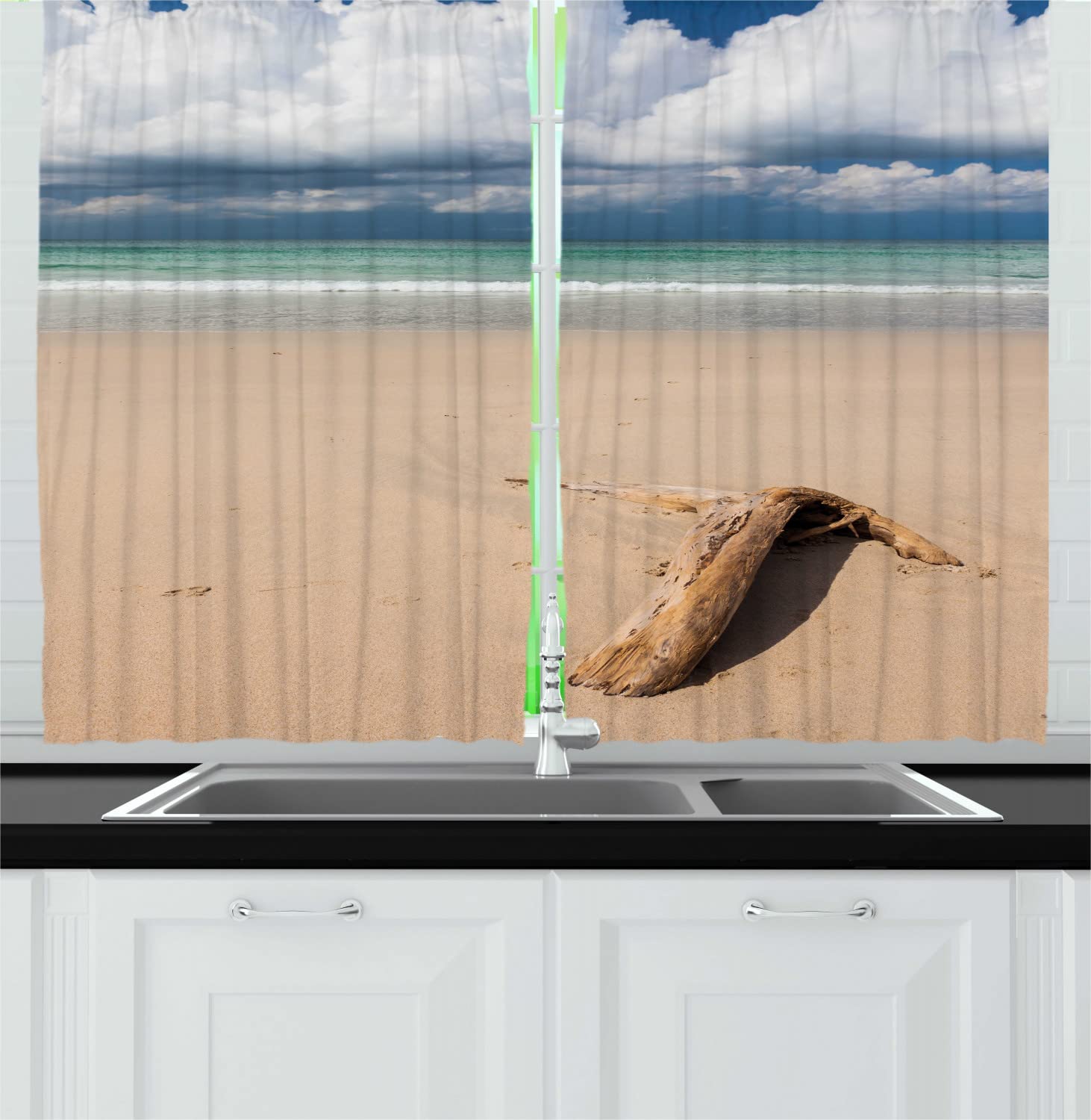 Ambesonne Driftwood Beach & Storm Sky Kitchen Curtains - 55