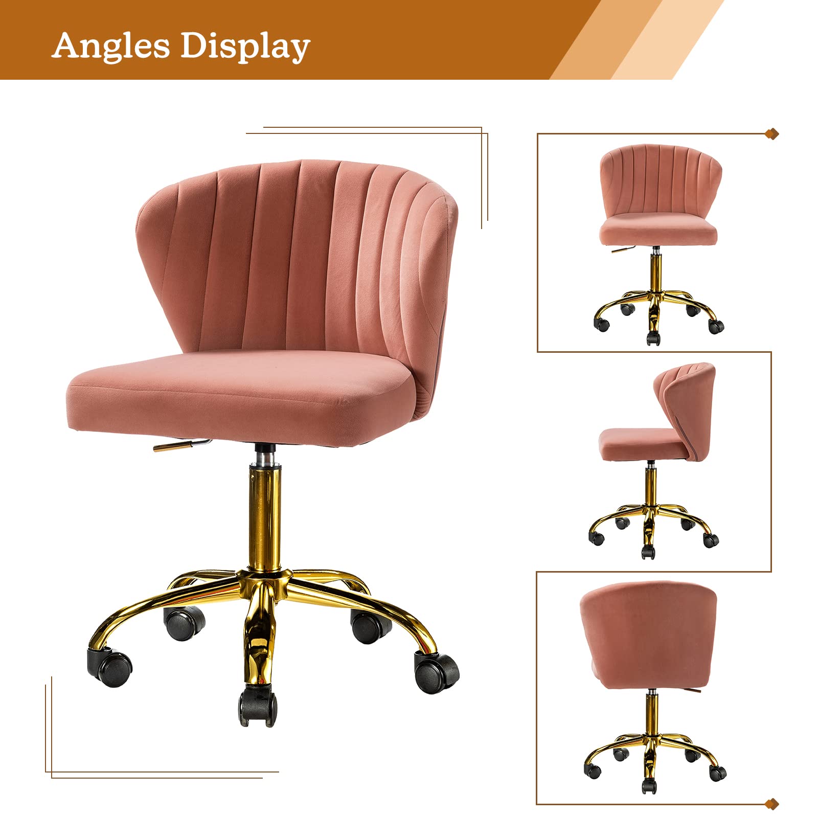 TINA'S HOME Modern Velvet Office Chair with Wheels & Gold Base - Adjustable Low Back Swivel Rolling Task Chair for Home Office, Study, Living Room, Vanity - Pink Velvet Armless Desk Chair for Women & Girls