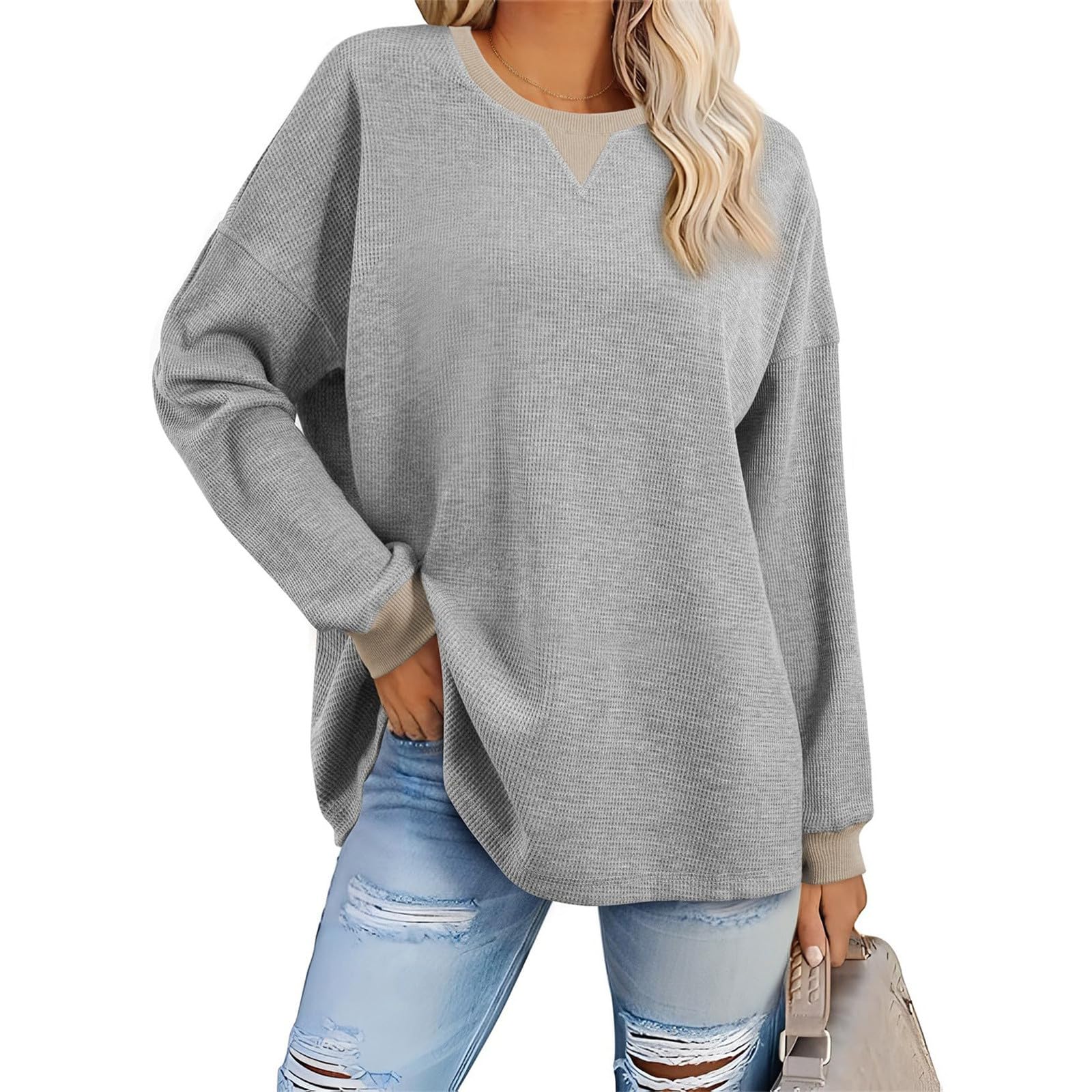 Women's Oversized Waffle Knit Sweatshirt - Soft Long Sleeve Crewneck Pullover Top for Casual Wear | Cozy Fall Fashion Loose Fit | Perfect for Lounging, Coffee Dates & Weekend Outings