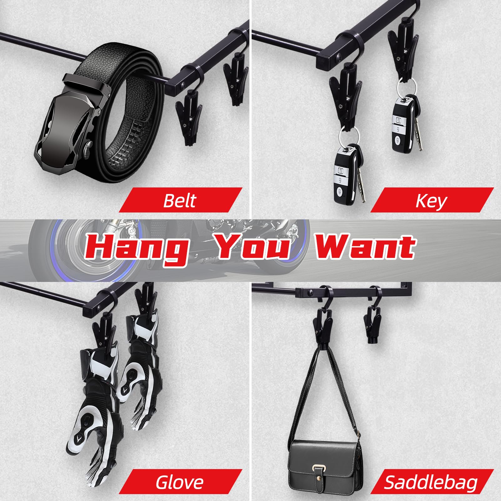 Motorcycle Helmet Wall Mount with Rack & Hooks - Garage Storage Solution
