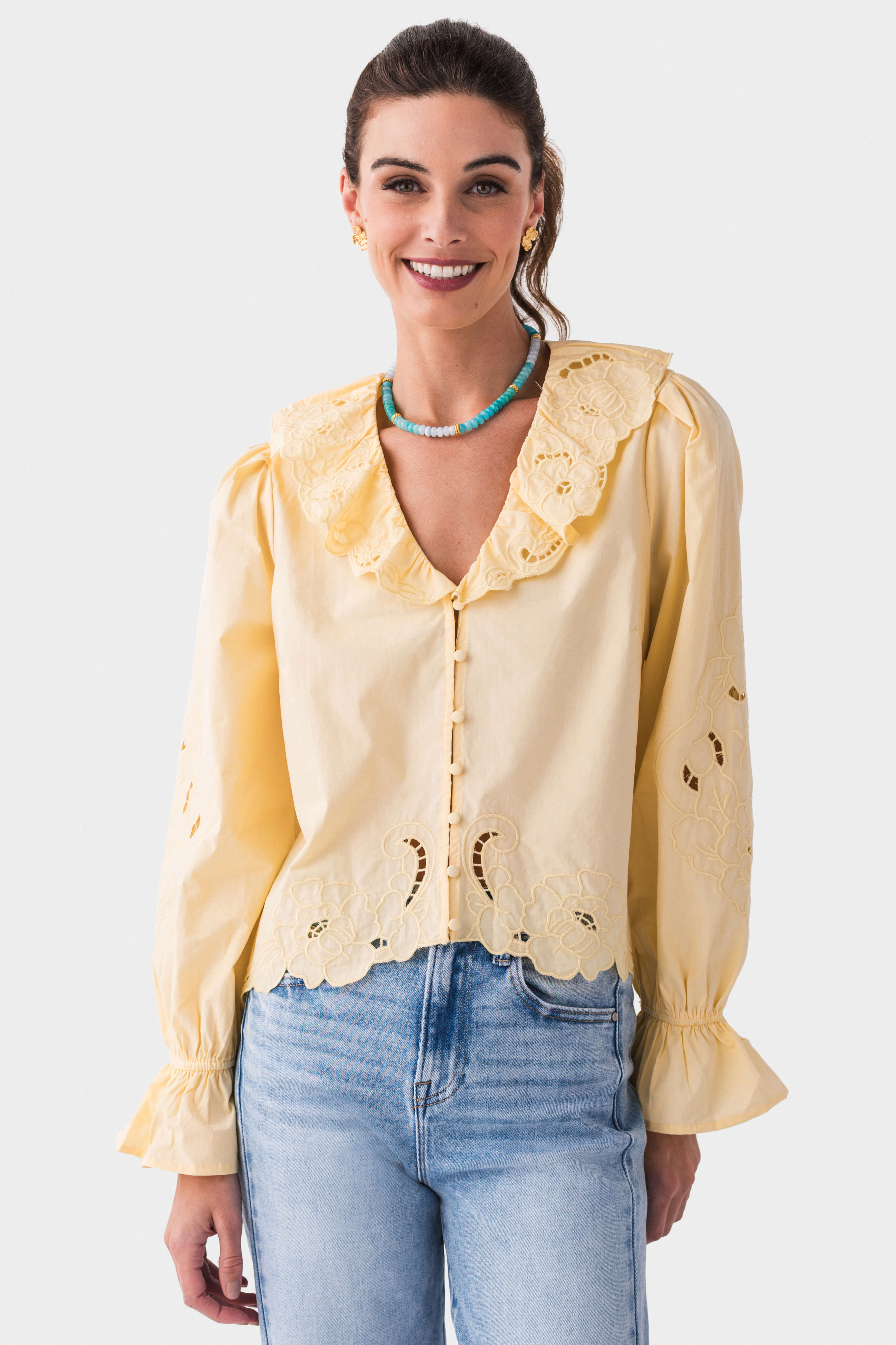 Elegant Raisonnel Embroidered Ruffle Blouse for Women - Perfect for Office Wear, Date Nights & Special Occasions