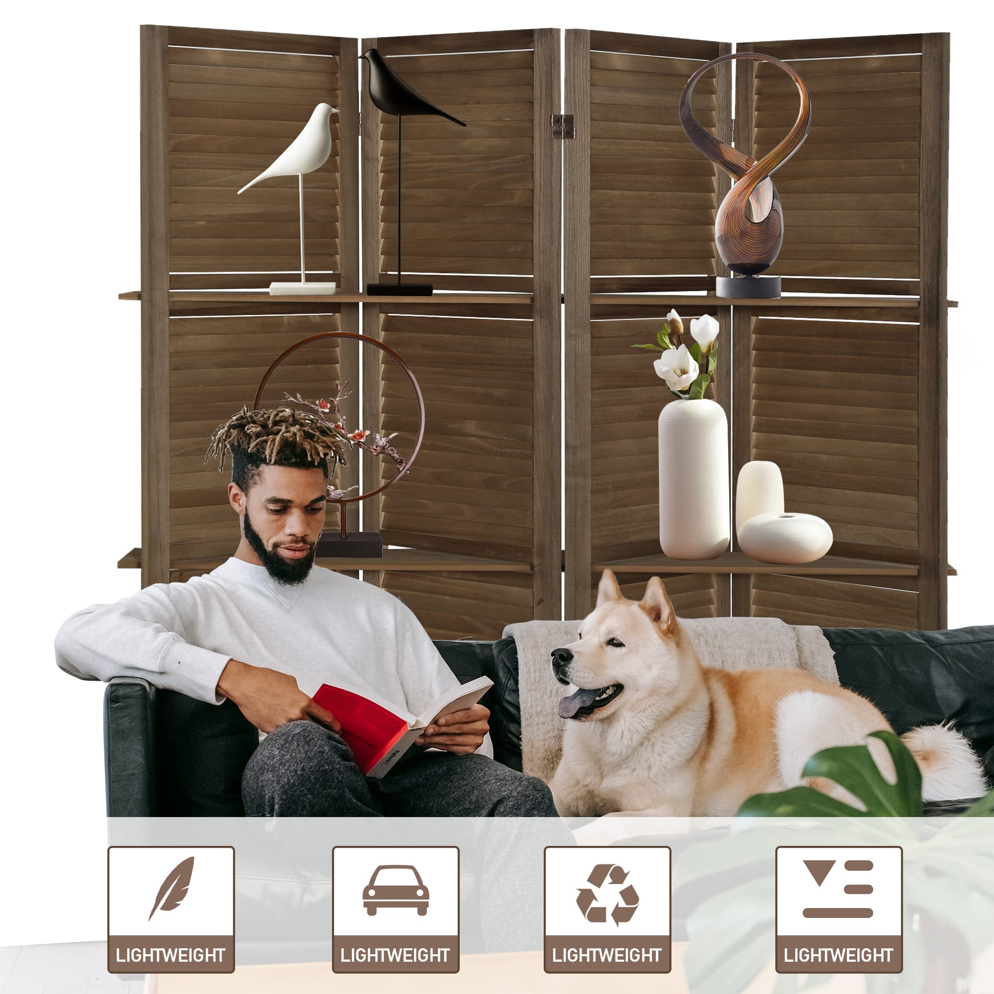 ECOMEX 5.6Ft Wooden Room Divider with Shelves - 4 Panel Folding Privacy Screen for Home & Office - Dark Brown Space Separator for Living Room, Bedroom, or Studio