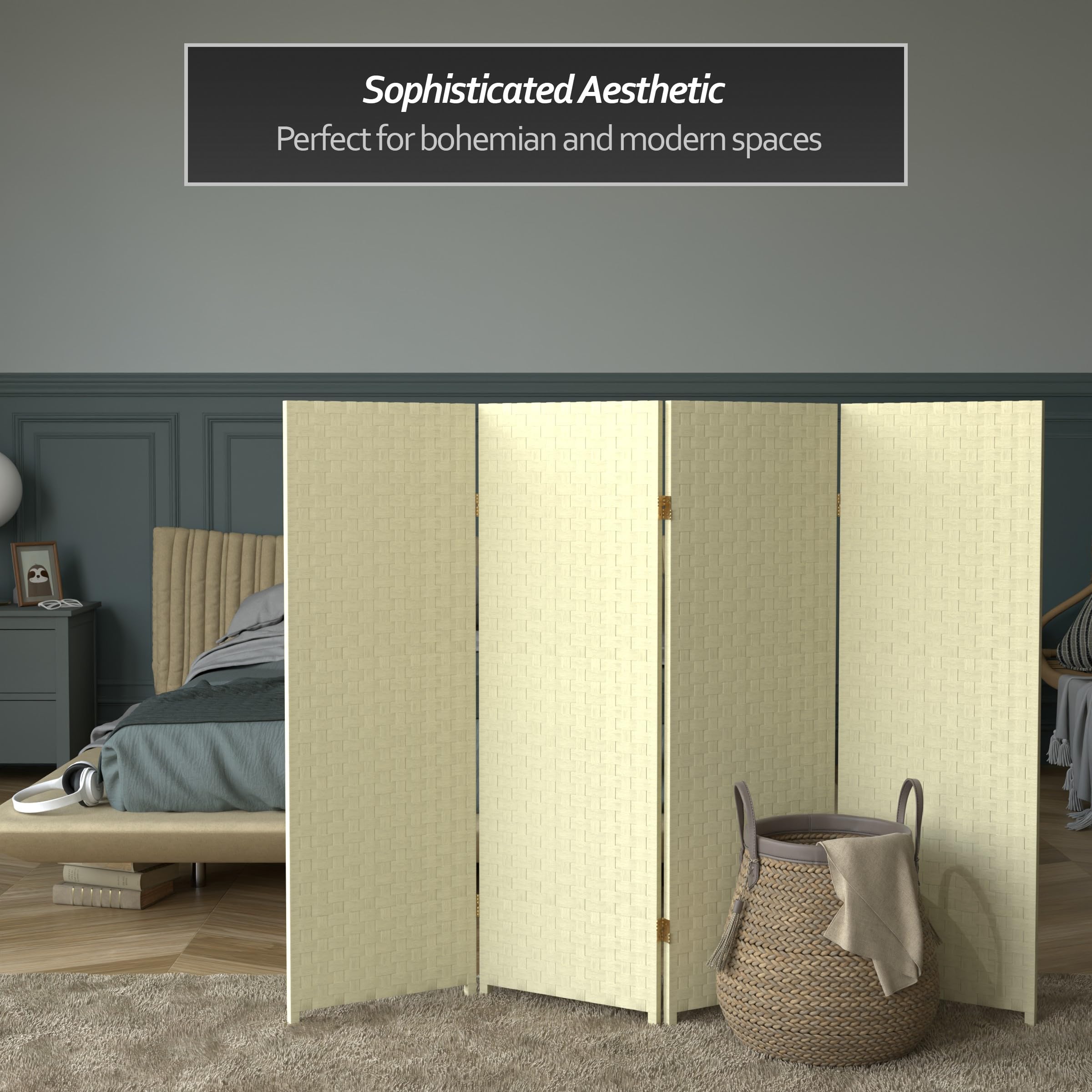 4 ft. Short Woven Fiber Folding Room Divider Screen - Cream - 4 Panel Privacy Partition for Home, Office & Studio Decor