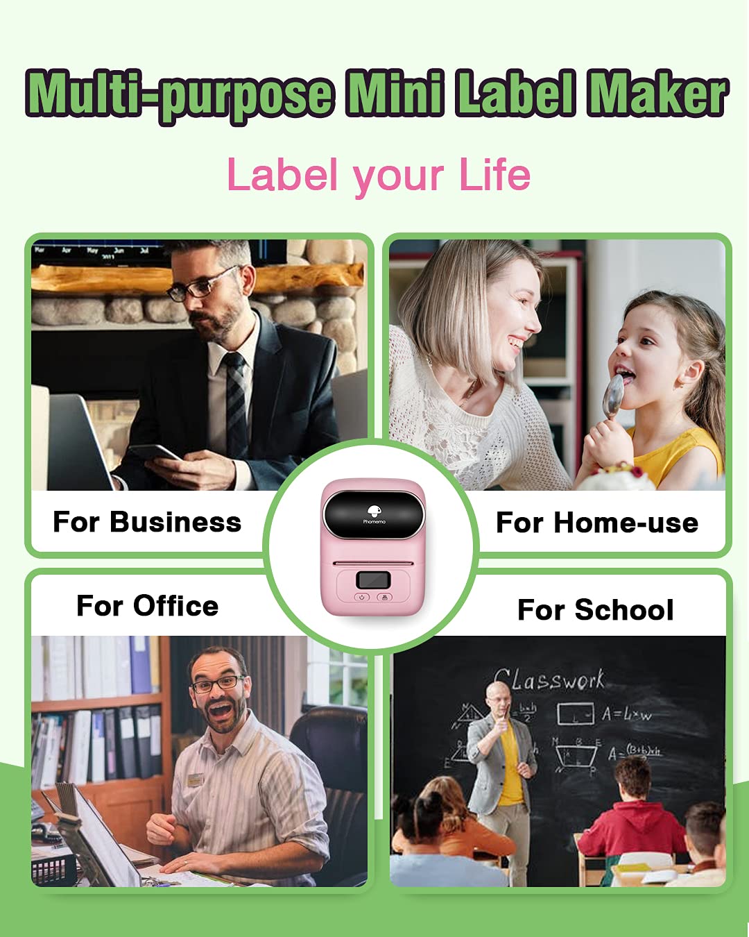 Phomemo M110 Bluetooth Label Maker Machine - Portable Label Printer for Business, Office, Retail with Barcode, Fonts, Icons & Templates (Pink) | Perfect for Organizing Cables, Files, Products & Inventory Management