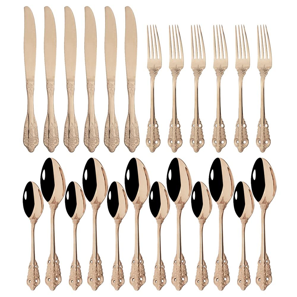 24-Piece Mirror Silverware Set - 304 Stainless Steel Luxury Gold Flatware (Rose Gold) - Dinner Fork, Knife, Spoon Set - Elegant Tableware for Wedding, Party, Fine Dining & Home Entertaining