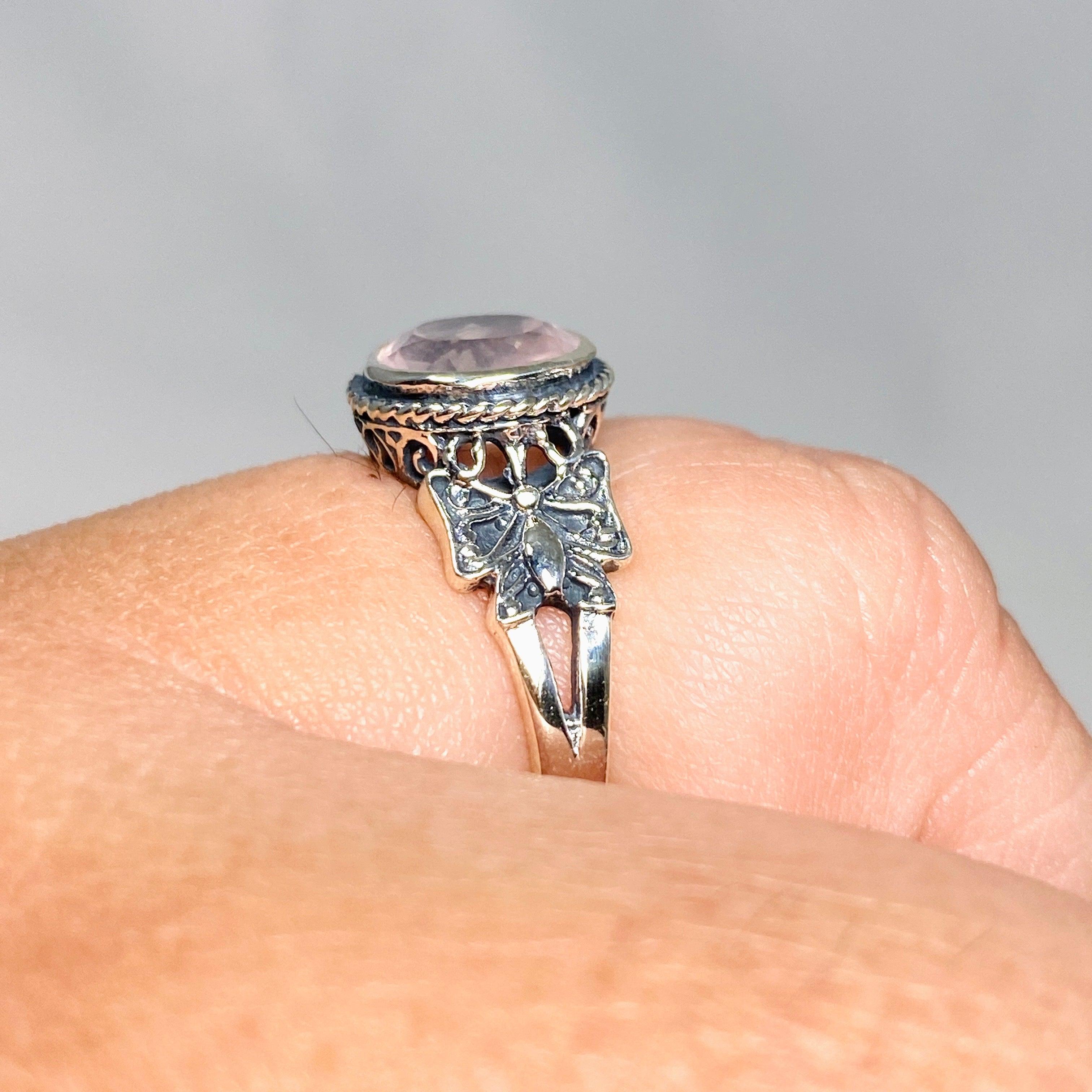 Rose Quartz Faceted Round Ring in Decorative Setting R3671 - Elegant Healing Crystal Jewelry for Women, Perfect for Meditation, Gifts & Spiritual Healing
