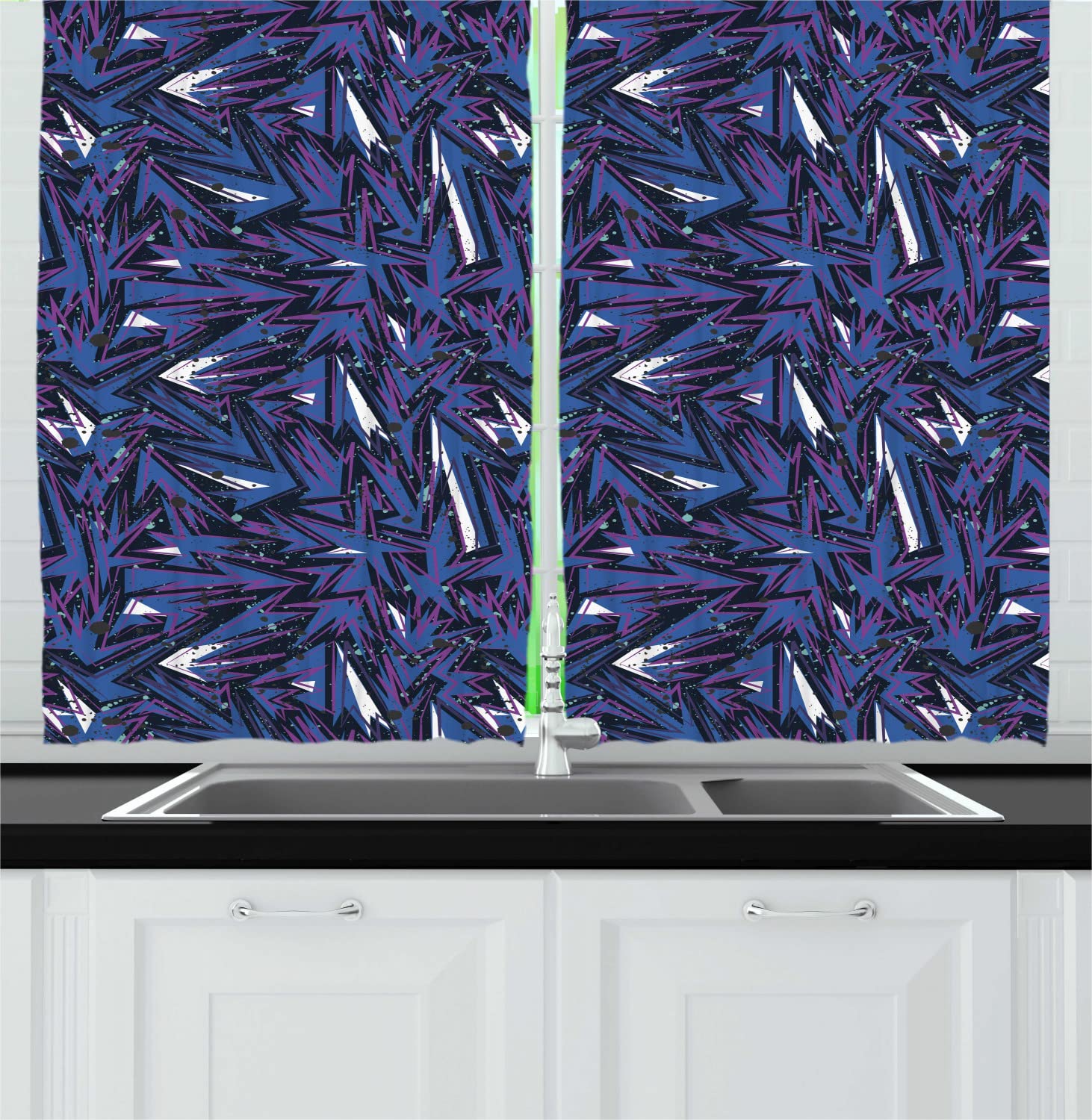 Ambesonne Urban Long Kitchen Curtains - Grungy Paint Splash Graffiti Design with Zigzag Dots Pattern, Violet Blue Black Quartz - 55