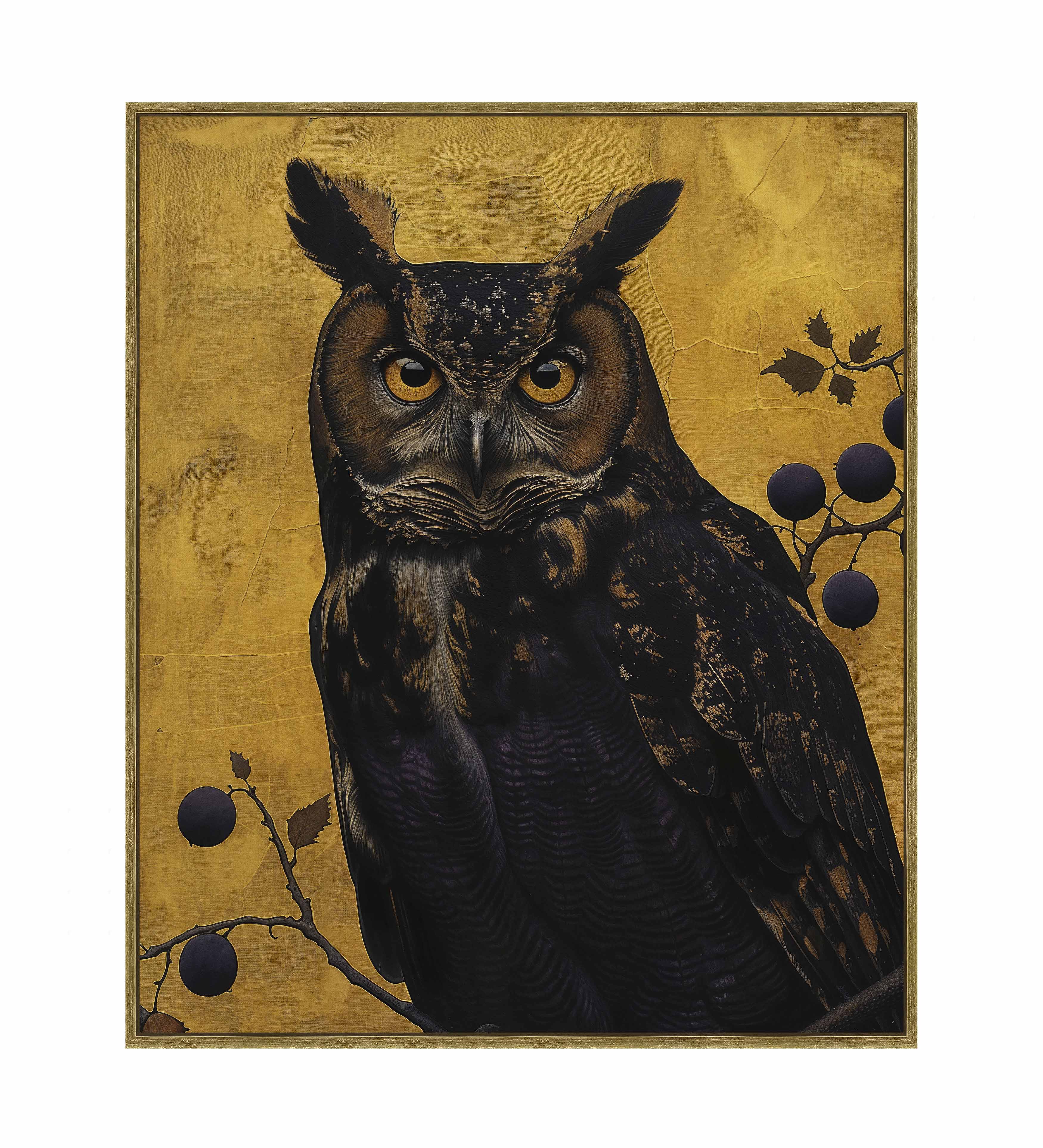 Golden Gaze Great Horned Owl Among Berries - Premium Gallery Wrapped Canvas Wall Art for Home & Office Decor - Perfect for Living Room, Bedroom or Study