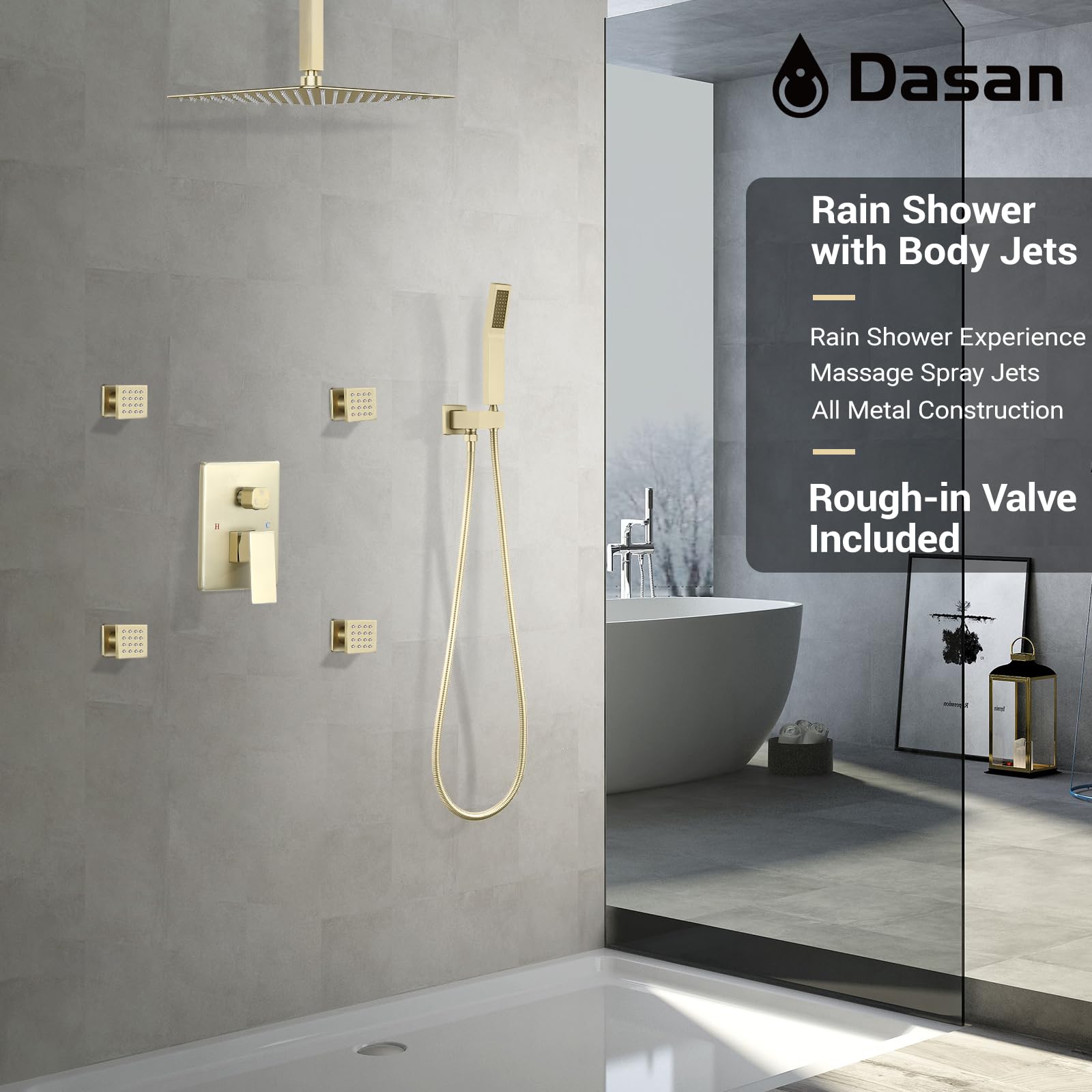 Brushed Gold Shower System - 4 PCS Body Spray Jets, 12’’ Rainfall Ceiling Shower Head & Handheld Spray | DASAN Full Body Shower Faucet Combo Set (SA-SS03BBG-S12C) for Luxury Bathroom & Spa Experience