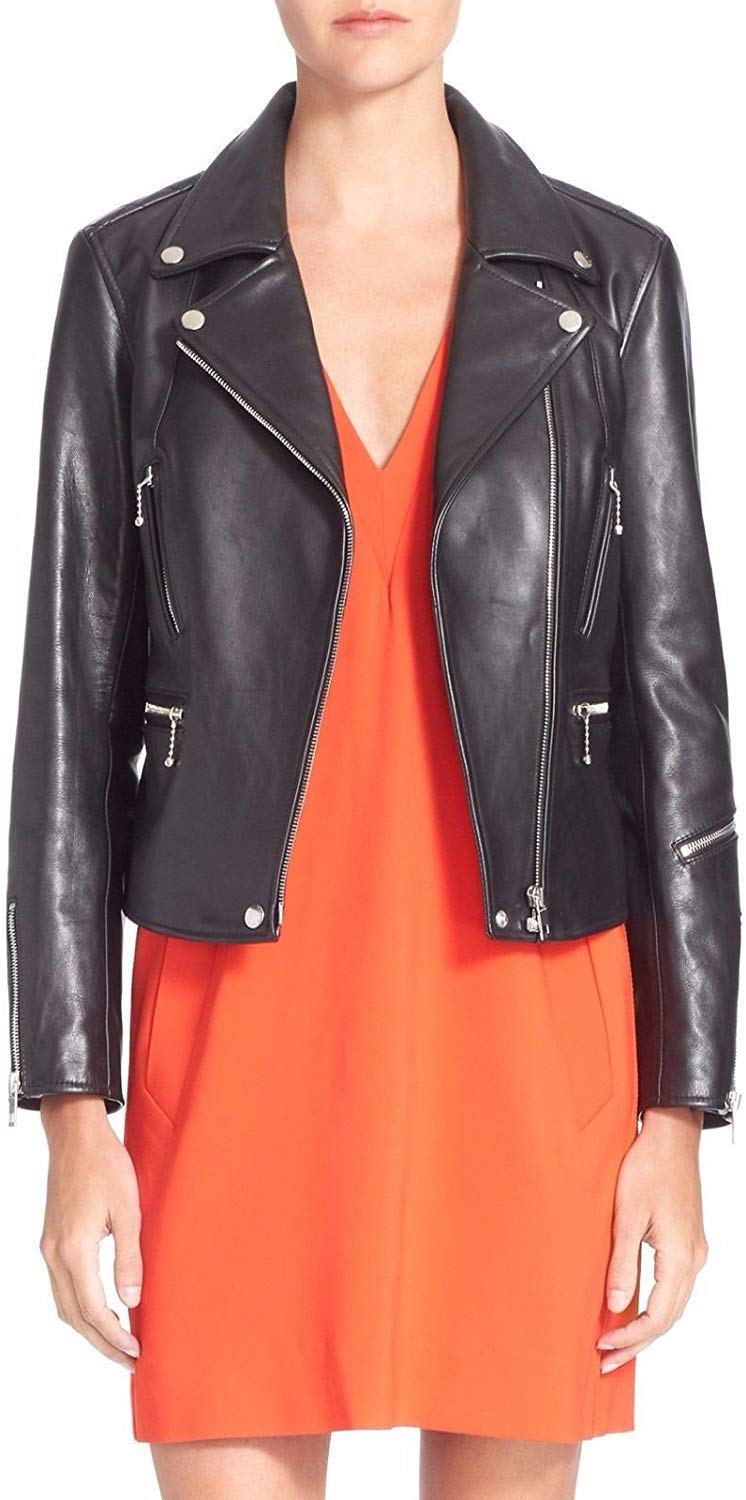 100% Lambskin Leather Women's Bomber Jacket | Full Sleeve Biker Motorcycle Jacket for Women | Regular Fit Leather Jacket for Riding, Casual Wear & Night Out