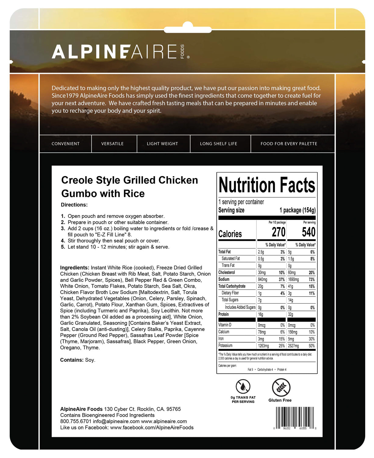 Alpine Aire Creole Grilled Chicken Gumbo - Authentic Louisiana Style Freeze-Dried Meal | Perfect for Camping, Hiking & Emergency Food Storage