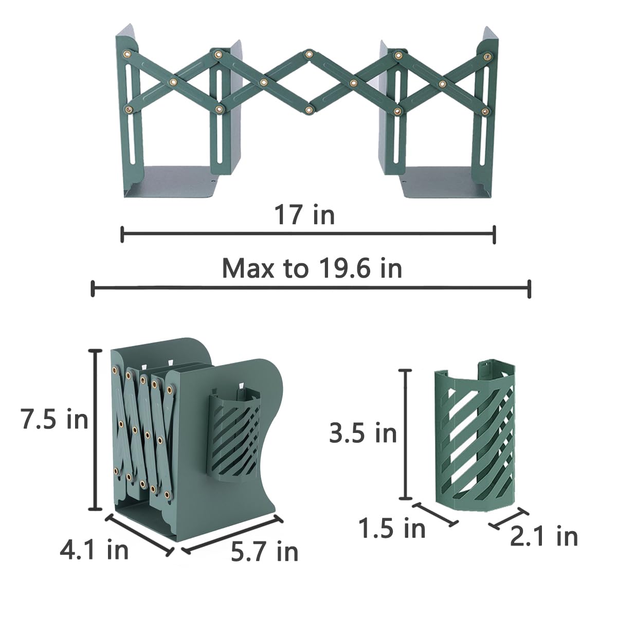 Kingsmile Metal Bookends for Heavy Books - Sturdy Book Stoppers for Shelves, Kids Room, Home Office, Classroom & Library - Includes Removable Pen Holder (Green) - Perfect for Organizing Textbooks, Cookbooks & Decorative Displays