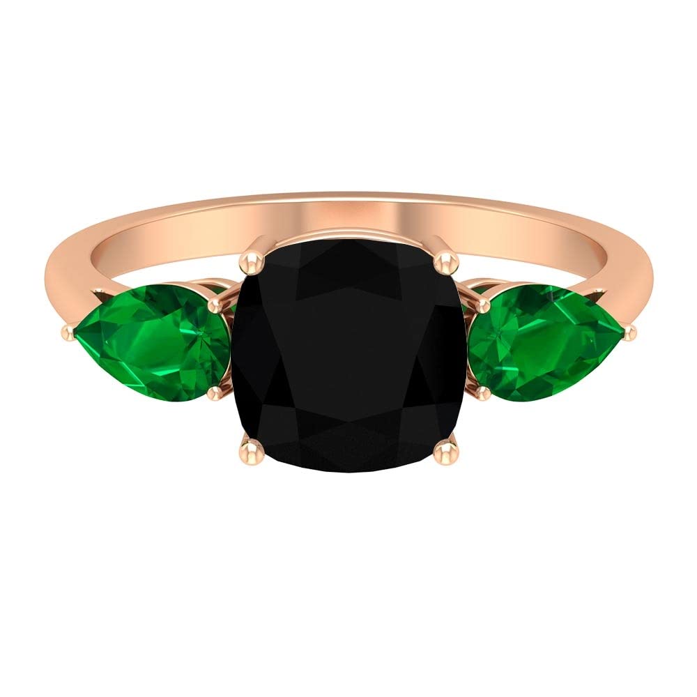 3.50 CT Lab-Created Black Diamond & Emerald Three Stone Ring in 14K Solid Gold – Elegant Jewelry for Weddings, Anniversaries & Special Occasions