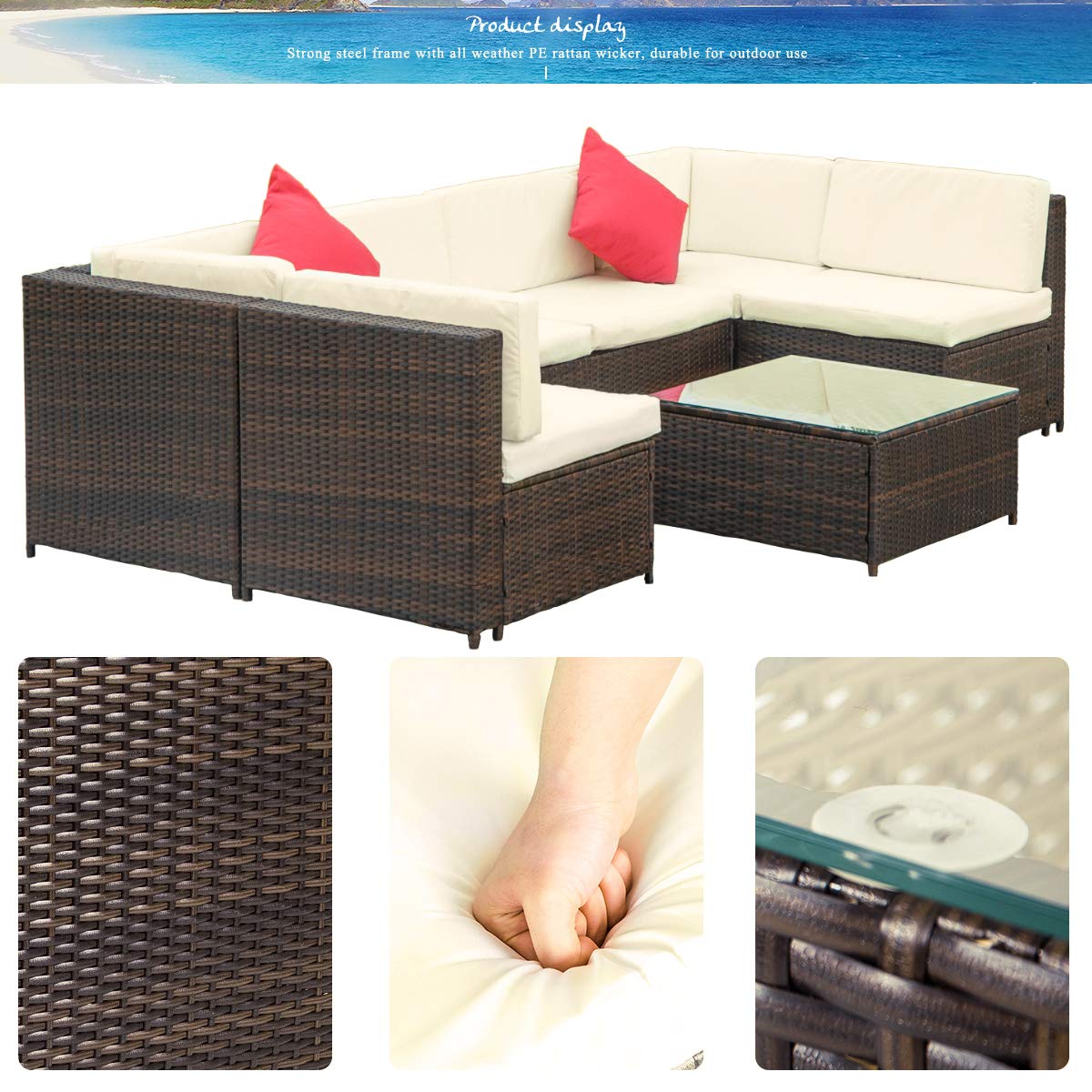 7-Piece Outdoor Patio Furniture Set - All-Weather Rattan Wicker Sectional Sofa with Cushions & Tempered Glass Coffee Table - Beige - Perfect for Backyard, Garden, Poolside & Patio Relaxation