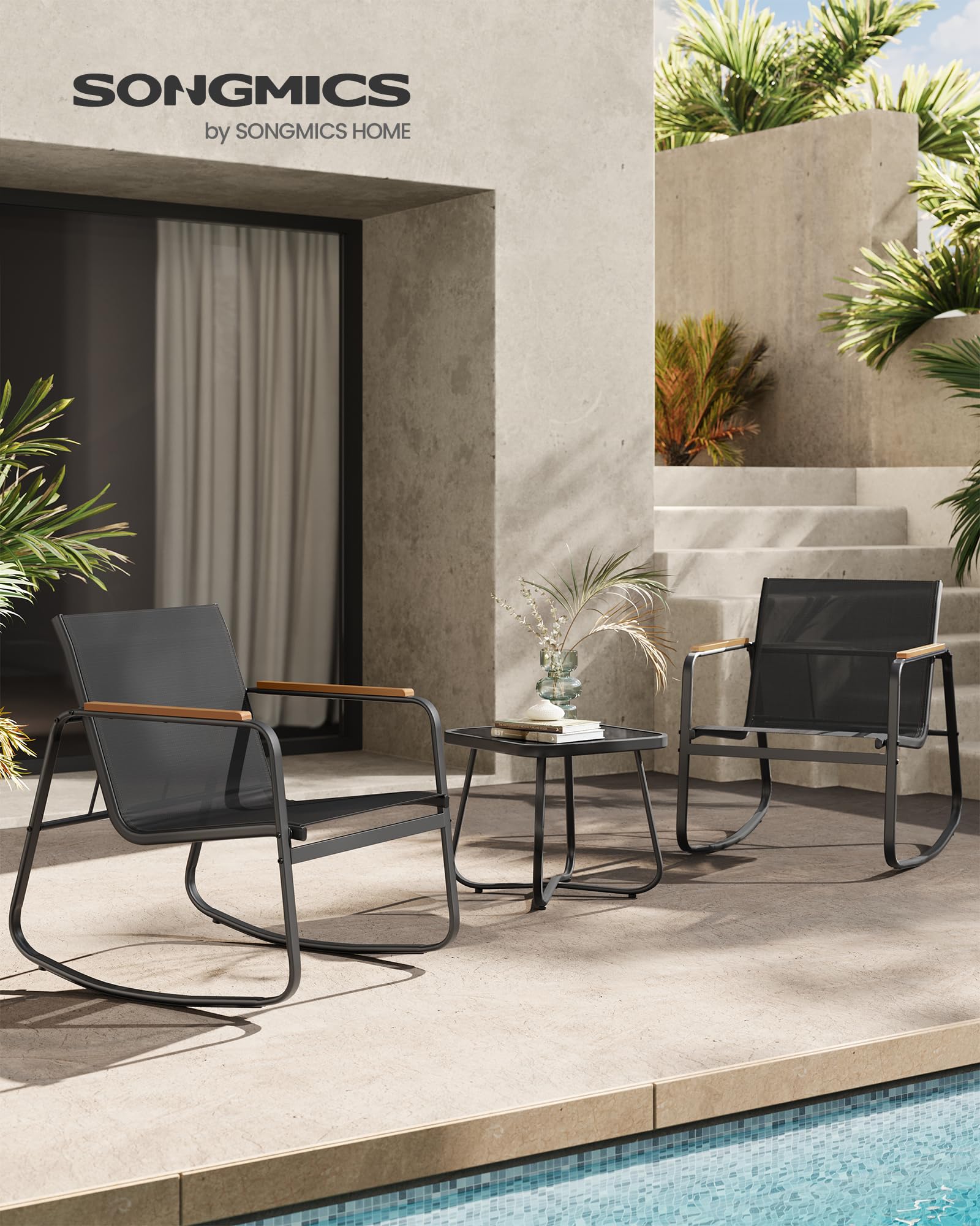 SONGMICS 3-Piece Outdoor Patio Furniture Set with 2 Rocking Chairs & Table - Steel Frame, Breathable Synthetic Fabric, Ink Black - Perfect for Garden, Backyard, Lawn or Poolside Relaxation UGGF0027B01