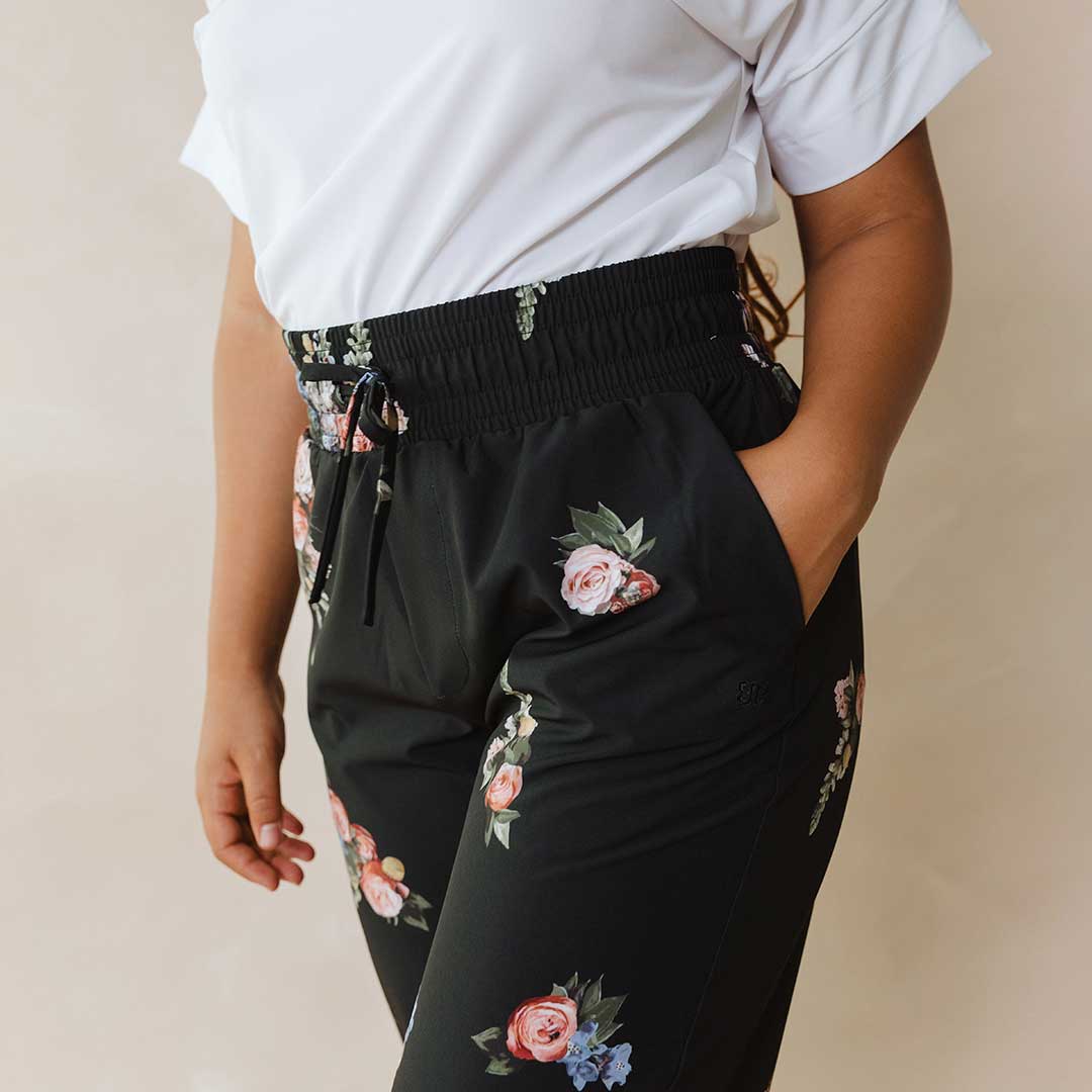 Audrey Wide Leg Pants for Women - Rose Black Floral Print High Waisted Palazzo Trousers | Office Wear, Casual Outfits & Special Occasions