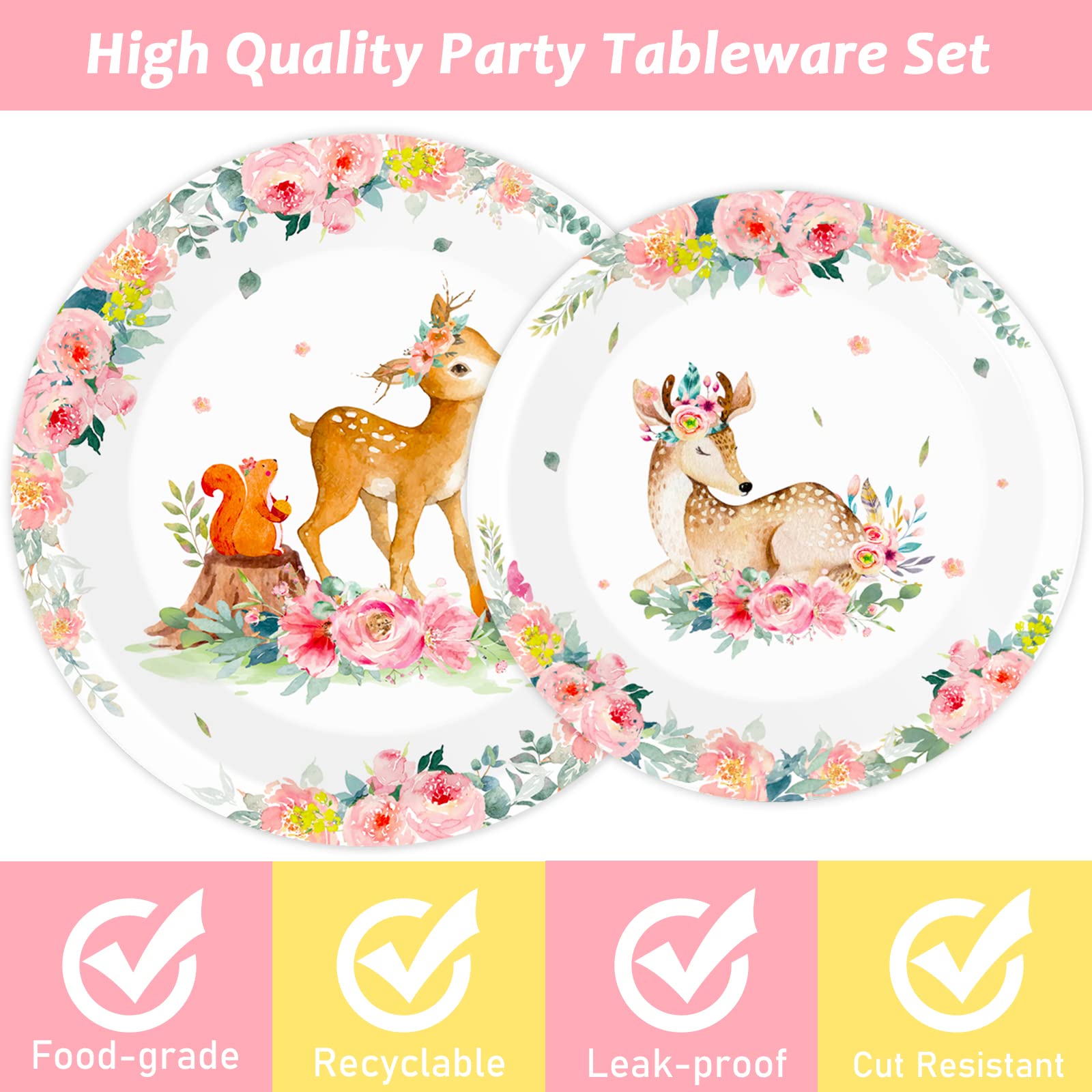 96PCS Pink Woodland Baby Shower Tableware Set - Disposable Plates, Napkins & Forks for Girls Safari Party - Forest Animal Deer Flower Theme Dinnerware for 24 Guests - Perfect for Baby Showers, Birthday Parties & Gender Reveals