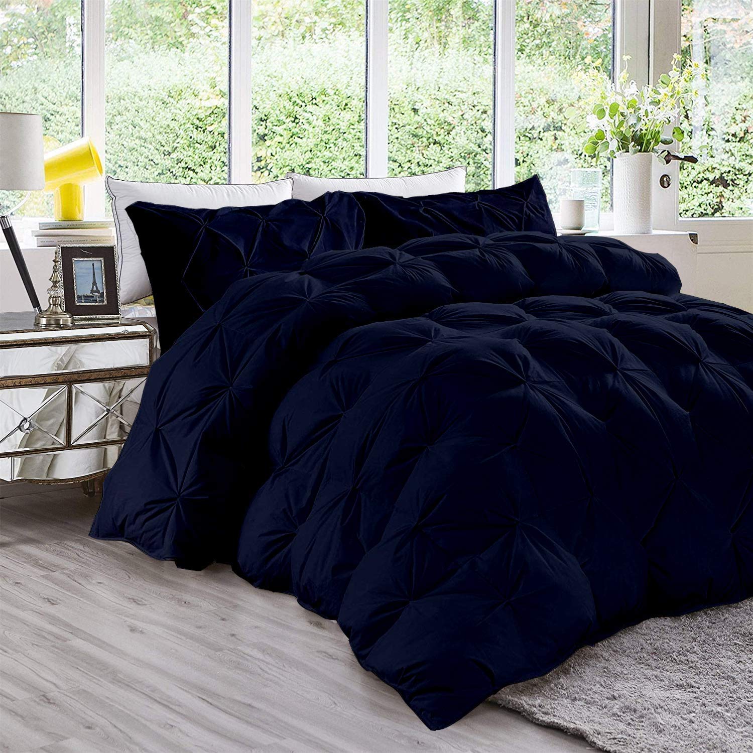 Pinch Pleated 100% Cotton Comforter - Lightweight All Season Down Alternative Bedding | Soft Quilted Cooling Comforter for Warm Weather & Hot Sleepers | Full/Queen Size Navy Blue | Perfect for Summer Nights & Guest Rooms