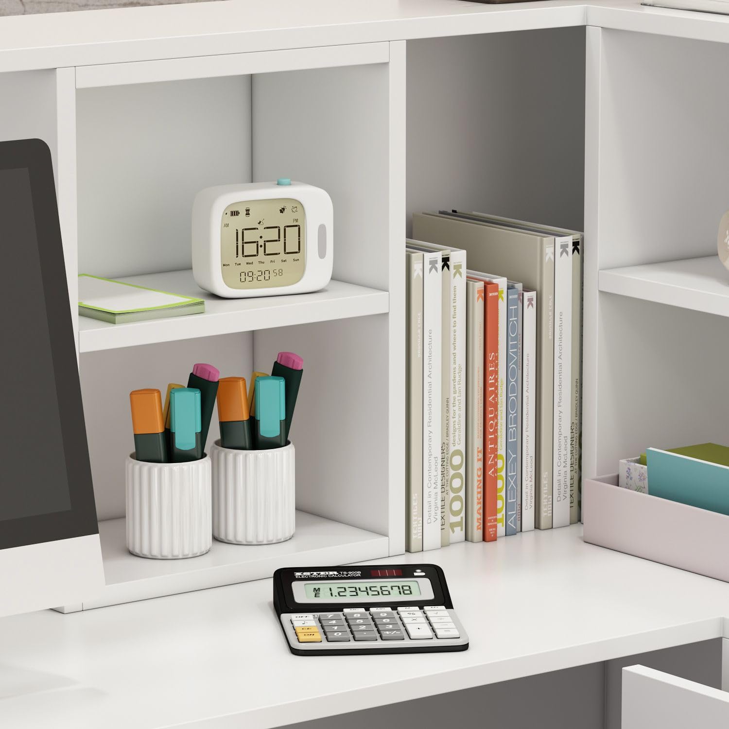 MOUMON L-Shaped Reception Desk with Storage, Keyboard Tray & Shelves - 55.9