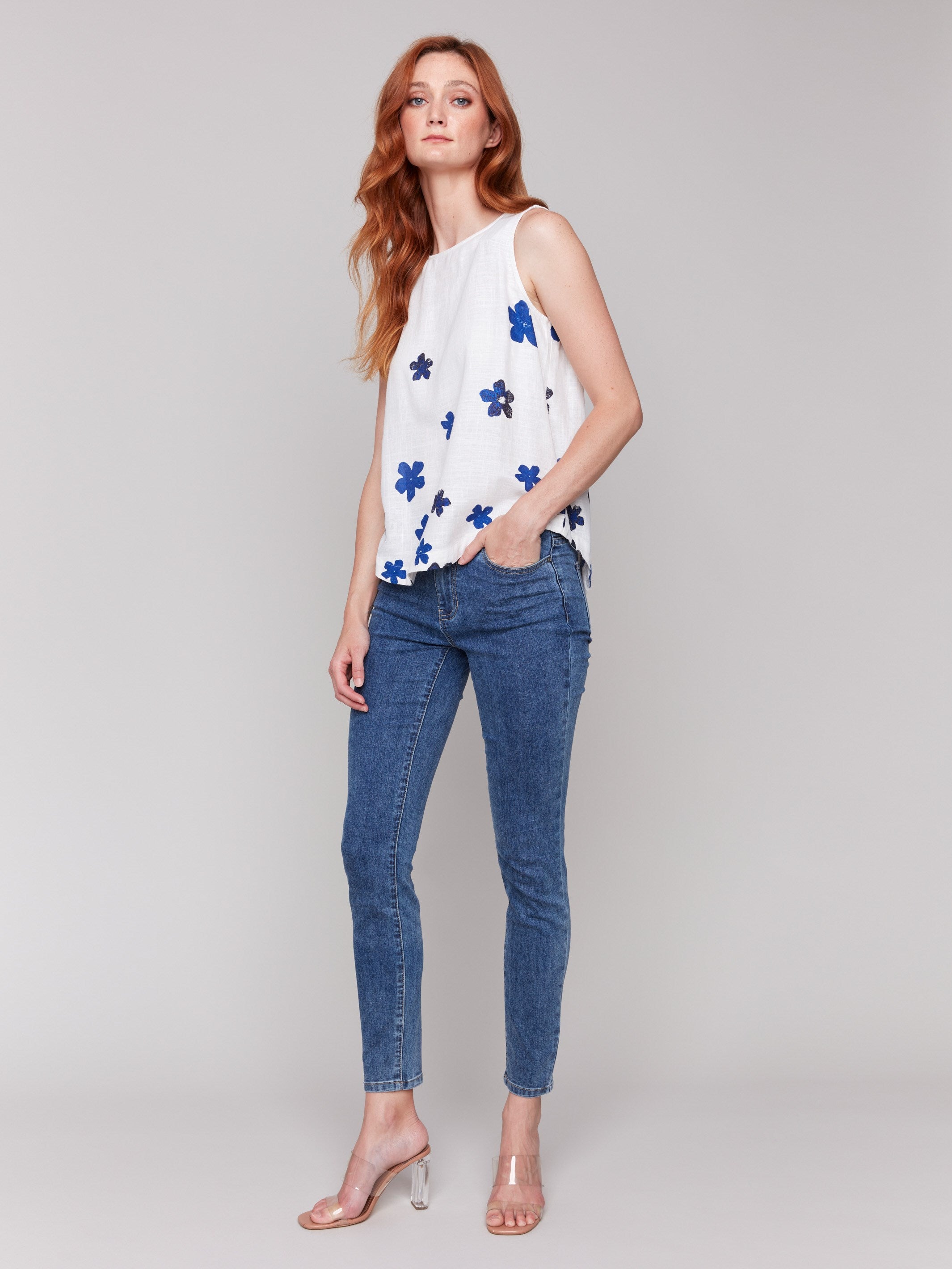 Floral Print Sleeveless Top with Rounded Hem - Women's Summer Beachwear for Coastal Vacation & Boho Outfits