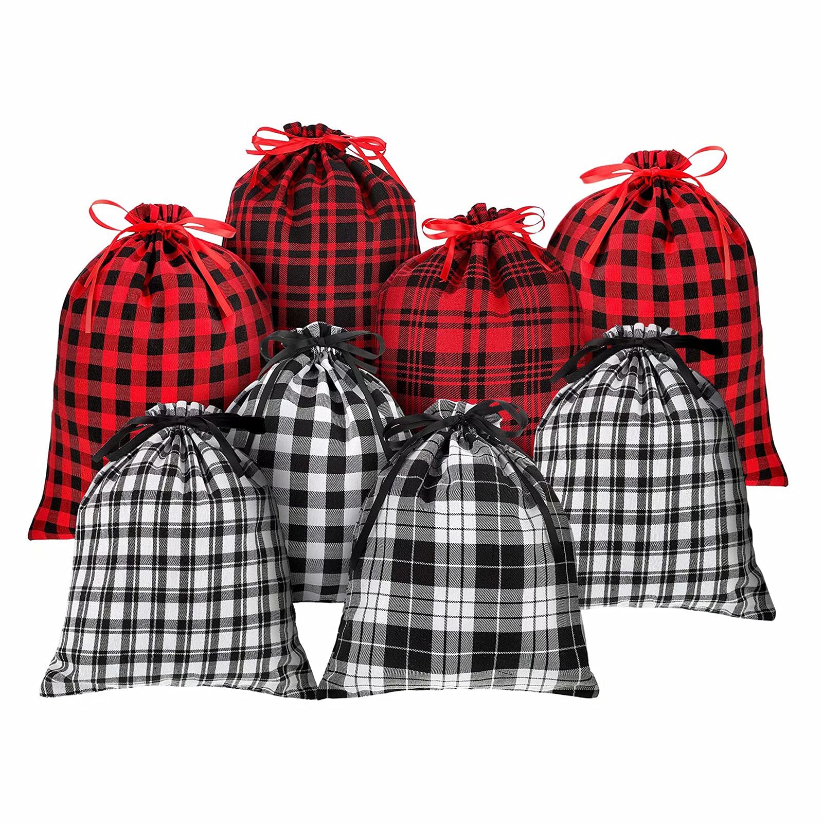 8-Piece Christmas Buffalo Plaid Drawstring Bags - Festive Cotton Storage Sacks for Holiday Gifts, Party Favors & Decor (2 Sizes) | Perfect for Xmas Presents, Stocking Stuffers & Seasonal Celebrations