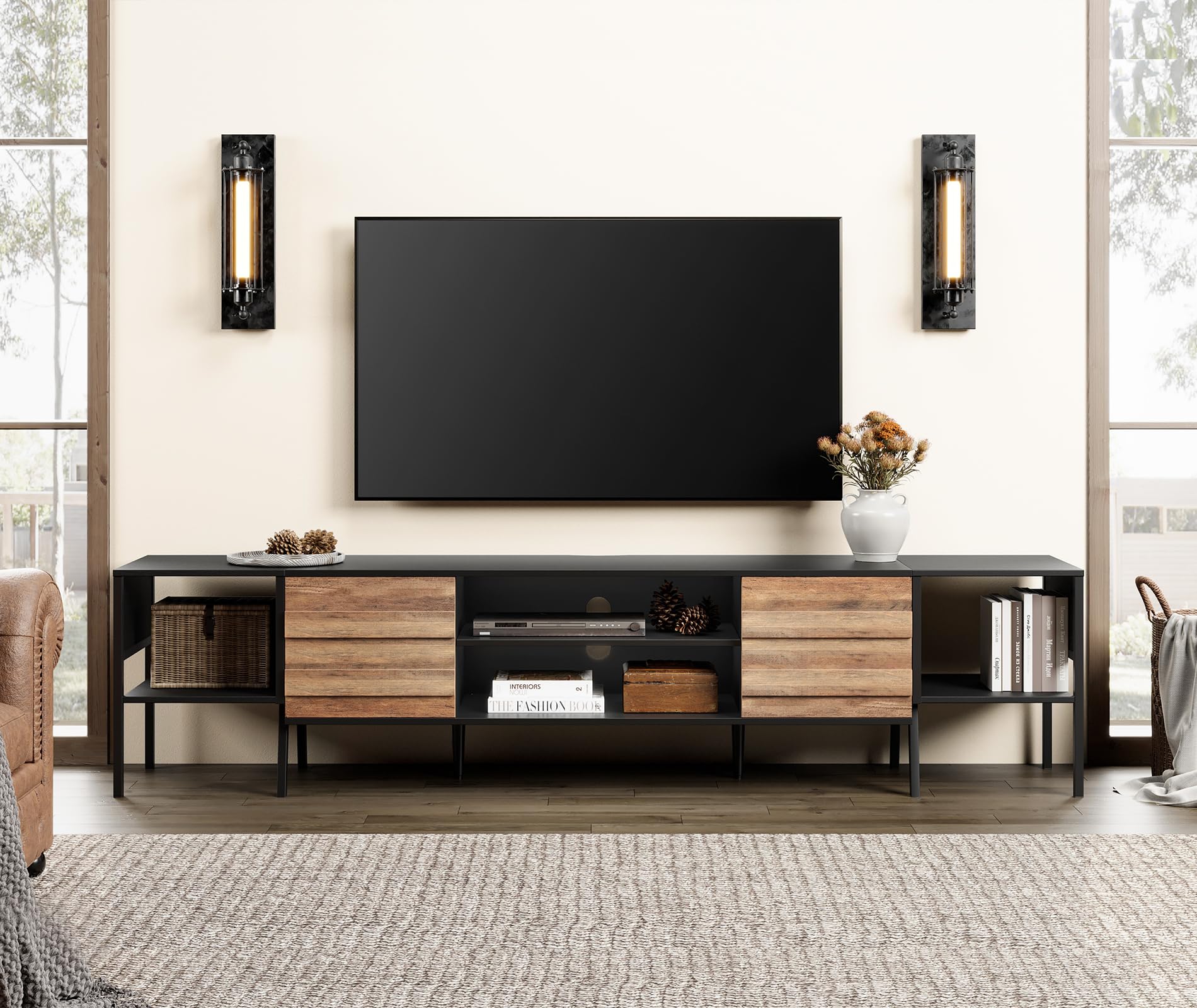 WAMPAT Mid-Century Modern TV Stand for 85-95 Inch TVs, Wood Entertainment Center with Storage - Media Cabinet for Living Room & Bedroom (Black & Oak) - Perfect for Home Theater & Family Movie Nights