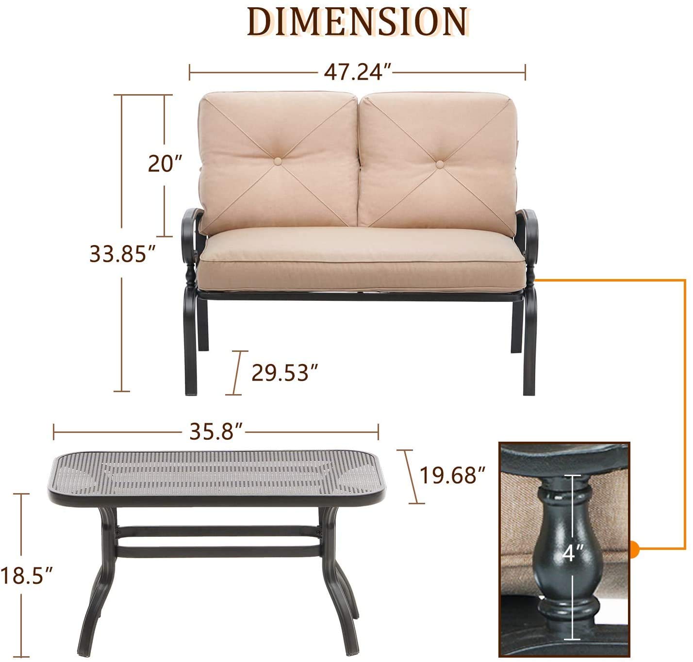 2 Pcs Patio Loveseat Set with Coffee Table - Outdoor Wrought Iron Bench with Brown Cushions - Garden, Poolside, Patio Furniture for Relaxing & Entertaining