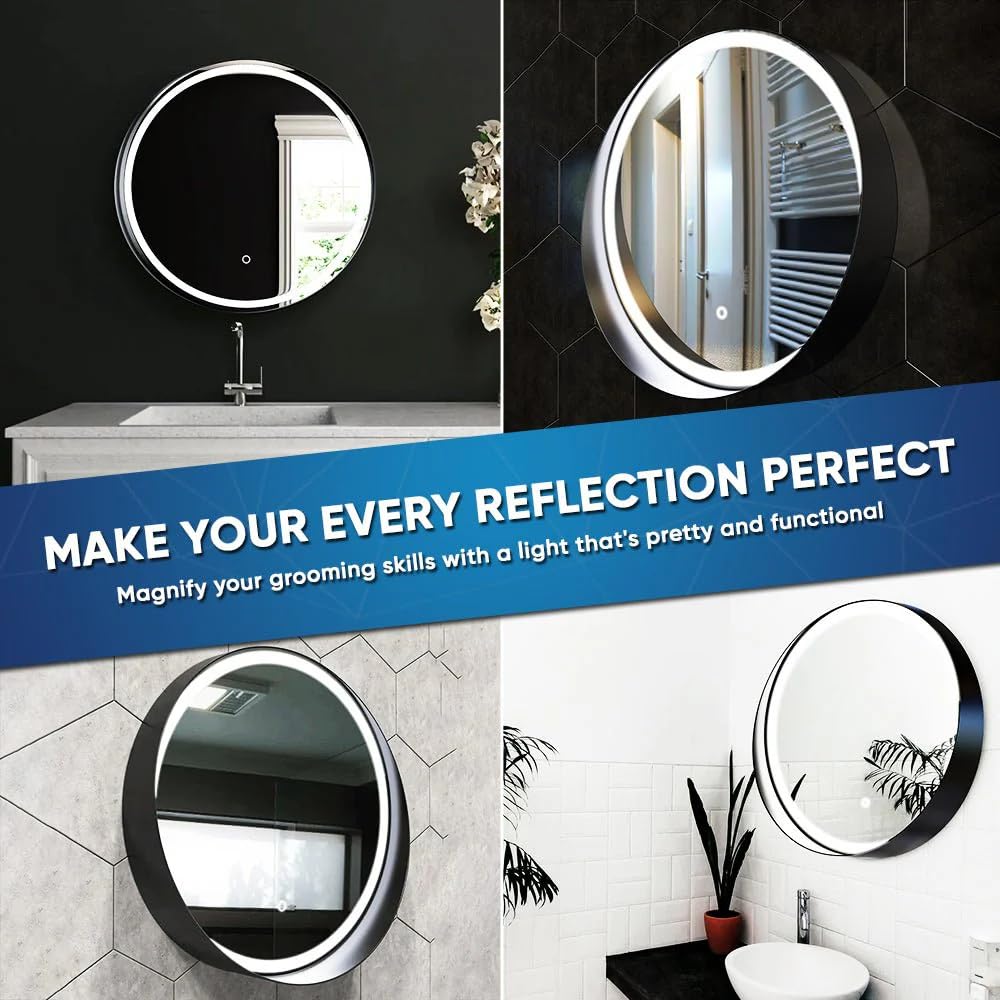 24 Inch Round LED Bathroom Vanity Mirror with Adjustable CCT (3000K/4000K/6000K) - Black Frame, 1440 Lumens, Touch Switch & Defogger - Perfect for Makeup, Shaving & Home Decor - High CRI 90+ Lighting