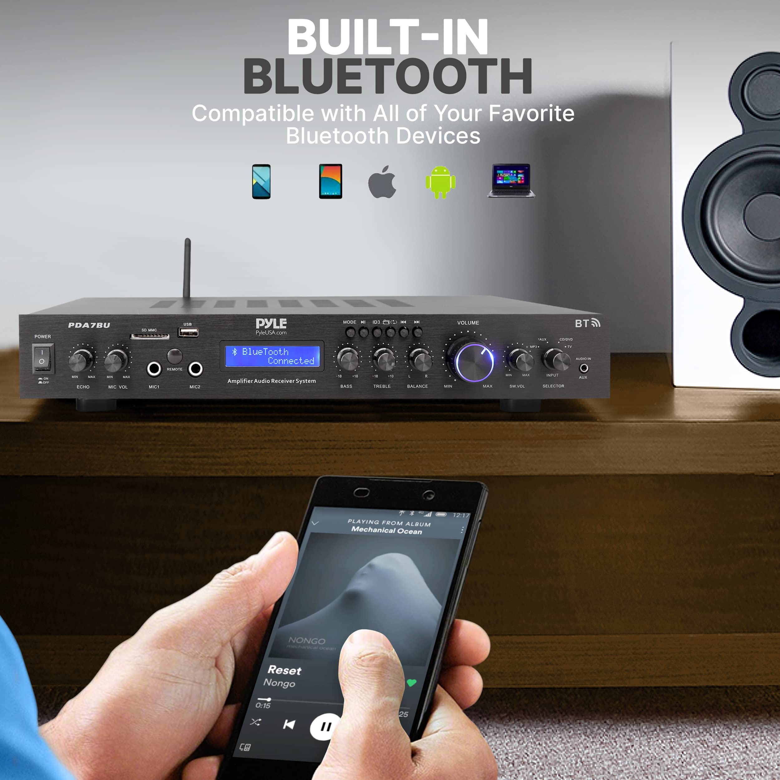 Pyle 5 Channel Rack Mount Bluetooth Amplifier Receiver - 200W Home Theater Amp with Wireless Streaming, MP3/USB/SD/AUX/FM Radio & Digital LCD Display | Perfect for Home Audio Systems, DJ Setups & Professional Studio Use - Model PDA7BU.5