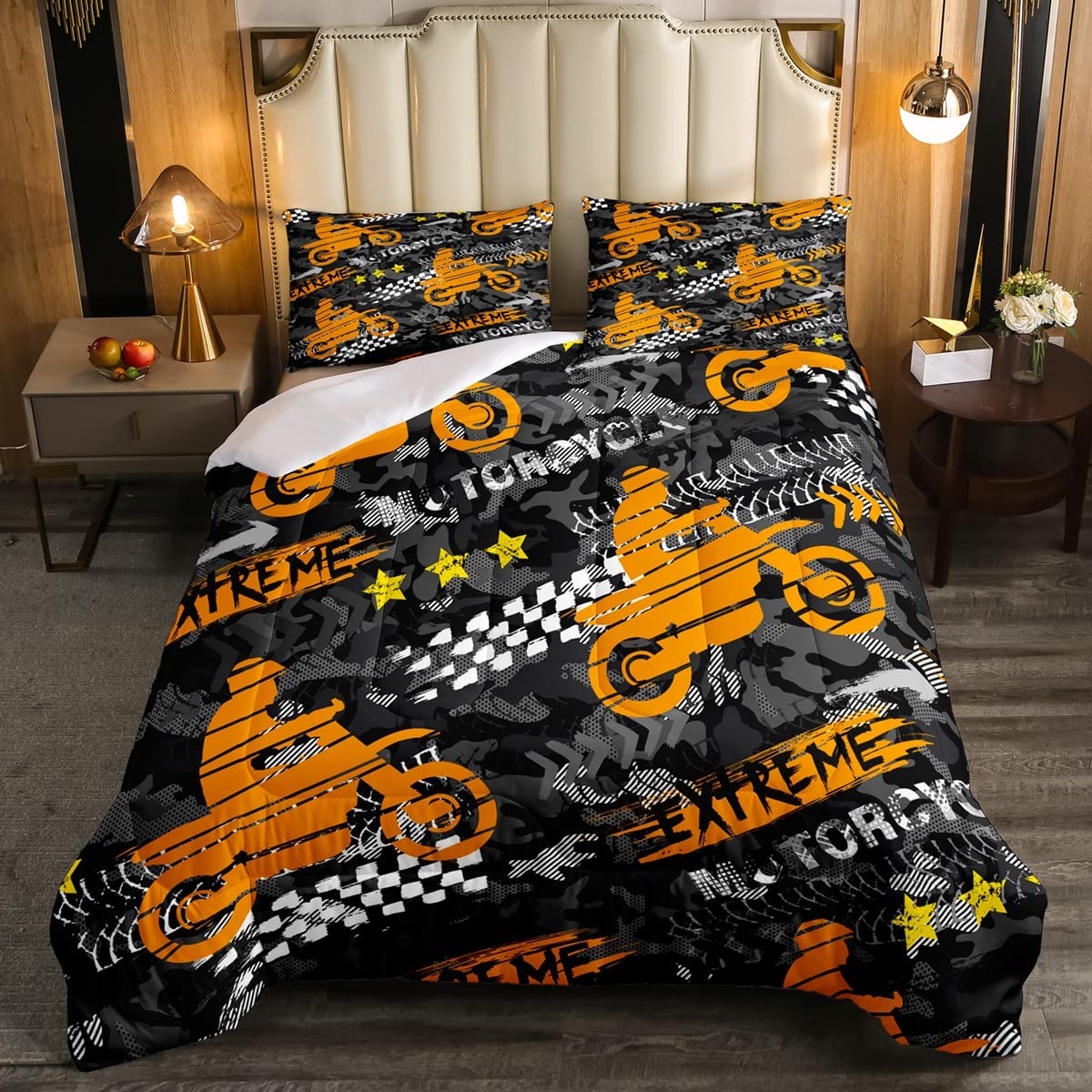 3D Motorcycle Queen Size Comforter Set for Teens & Boys - Motocross Camouflage Bedding with Dirt Bike Design | Soft Quilt Set in Orange & Black | Perfect for Kids' Rooms, Teen Bedrooms & Motocross Themed Decor