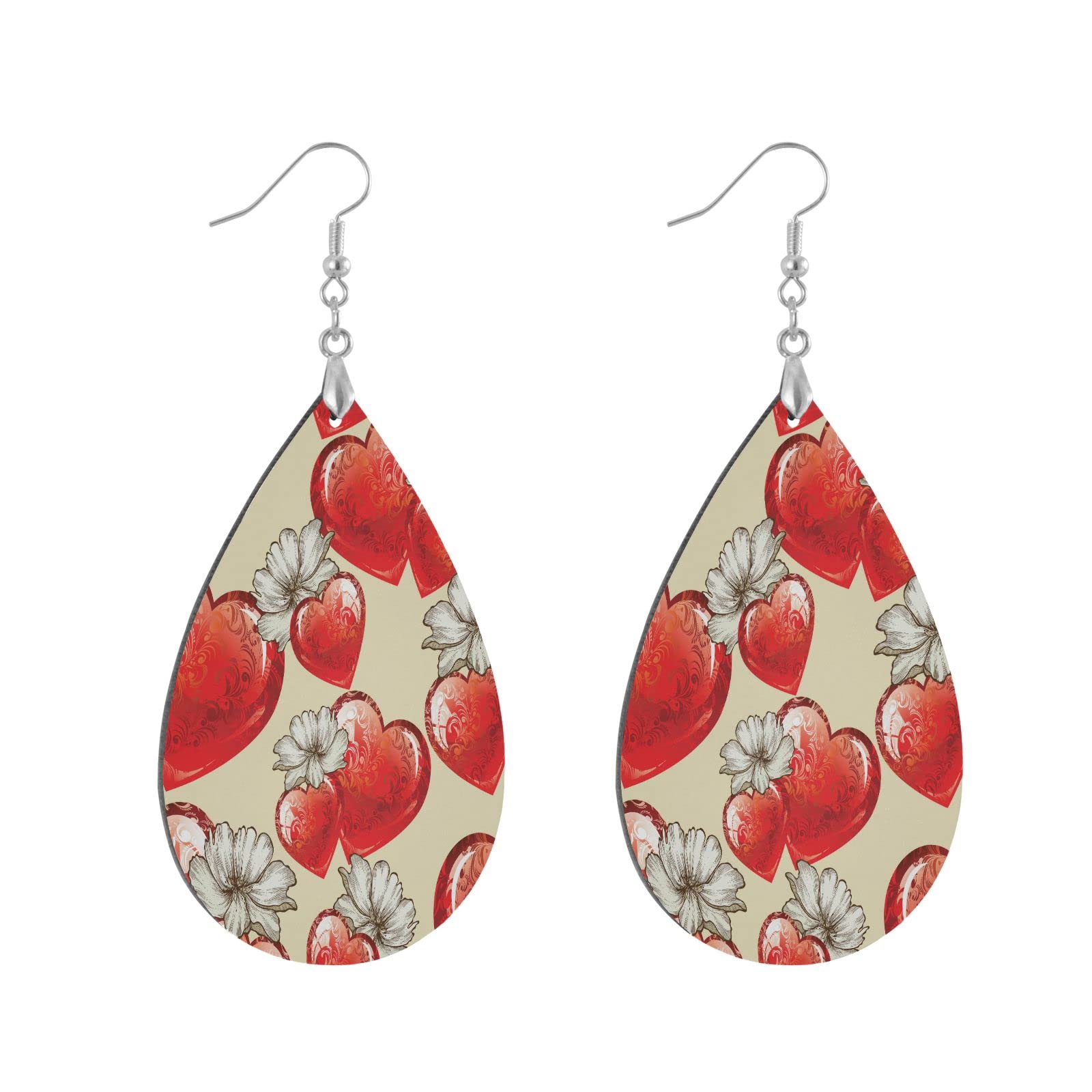 Valentine's Day Red Heart Flower Dangle Earrings - Lightweight Wooden Teardrop Earrings for Women & Girls | Romantic Jewelry Gift for Her | Perfect for Date Nights, Weddings & Special Occasions