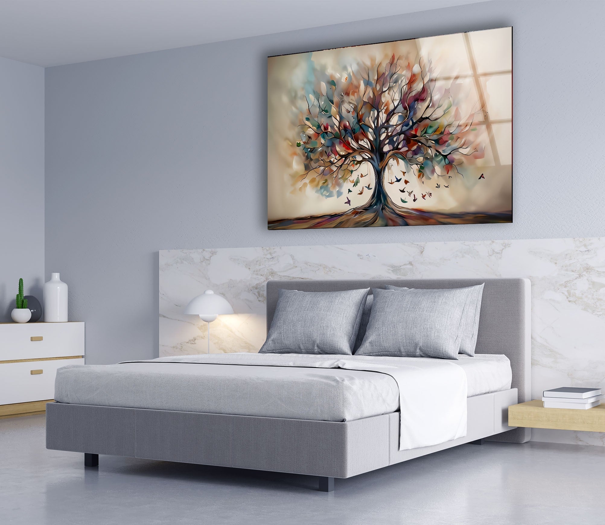 Beige Tree Glass Wall Art - Elegant Home Decor for Living Room, Bedroom & Office - Perfect for Modern & Boho Interiors