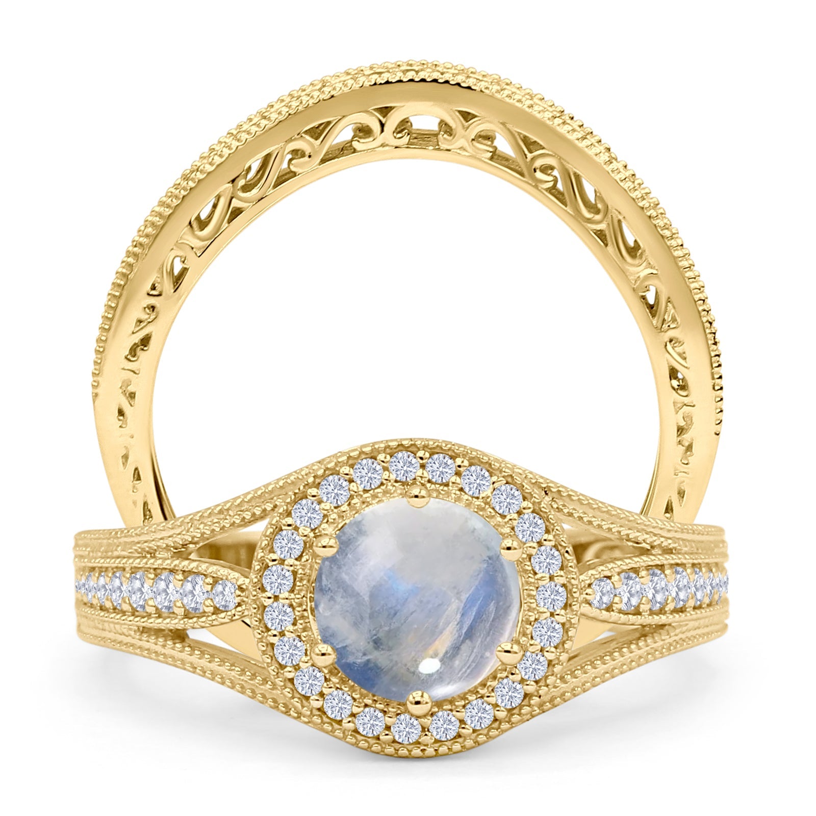 14K Yellow Gold Two-Piece Round Halo Split Shank Curved Contour Band Natural Moonstone Ring for Women | Elegant Wedding, Engagement & Anniversary Jewelry Gift | Perfect for Bridal Sets & Special Occasions