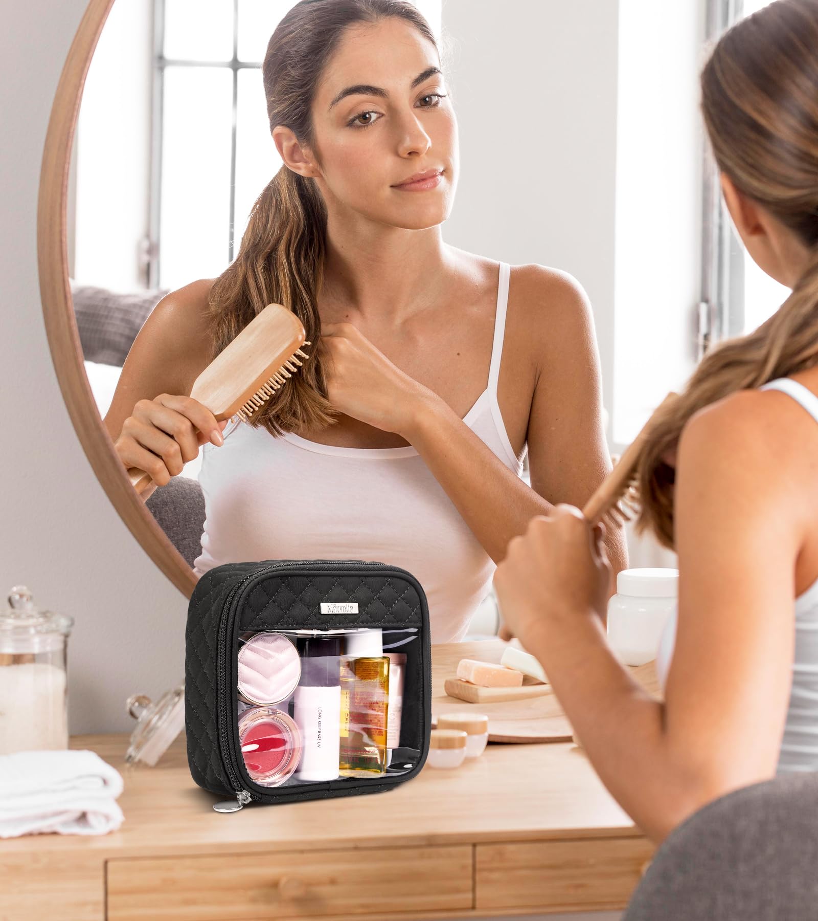 Marvolia Small Clear Makeup Bag for Women - Travel Toiletry Organizer, Mini Cosmetic Case with Zipper for Makeup & Essentials (Small, Black) - Perfect for Travel, Gym, and Daily Use