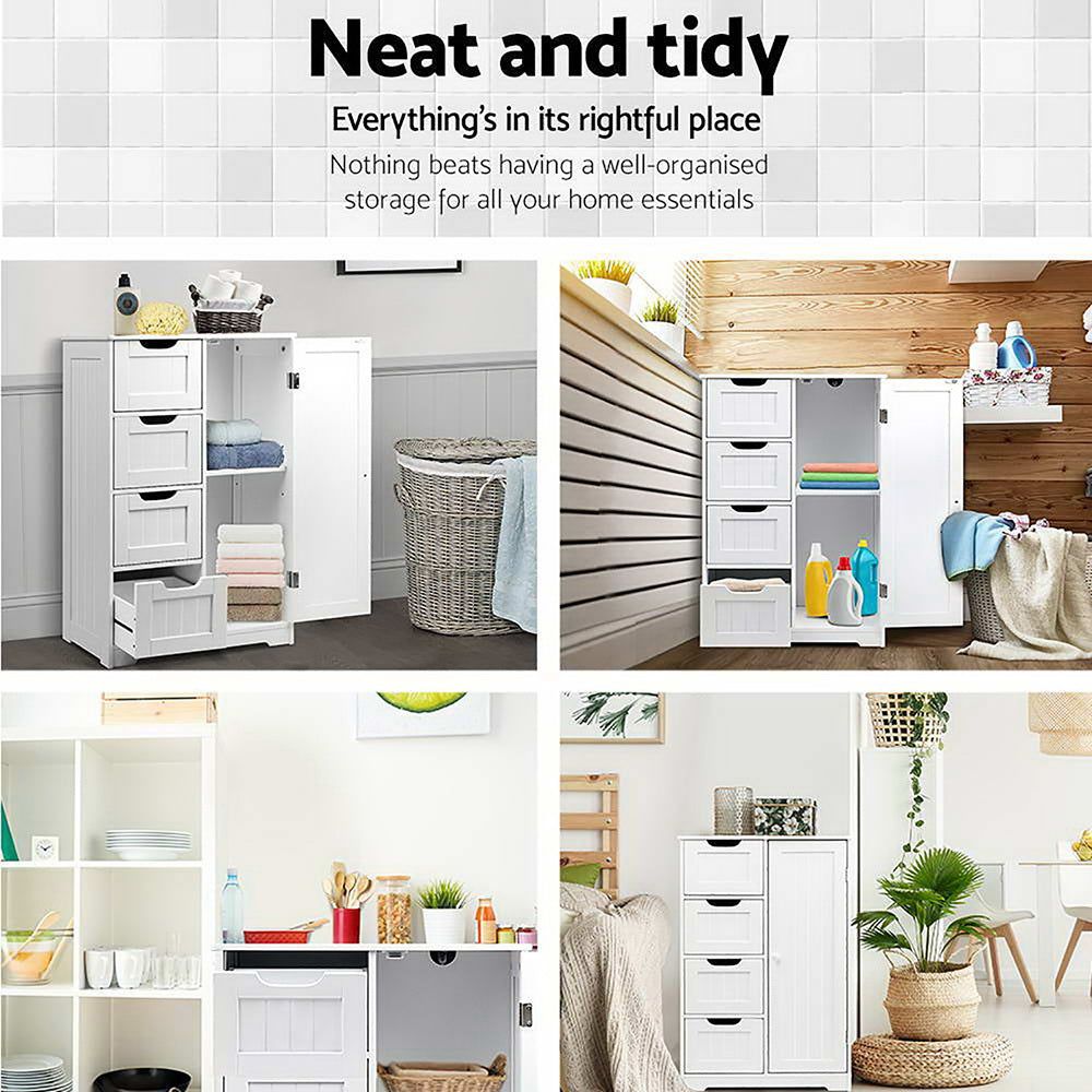 White Artiss Bathroom Storage Cabinet with Drawers - Perfect for Organizing Toiletries, Makeup & Essentials in Small Bathrooms