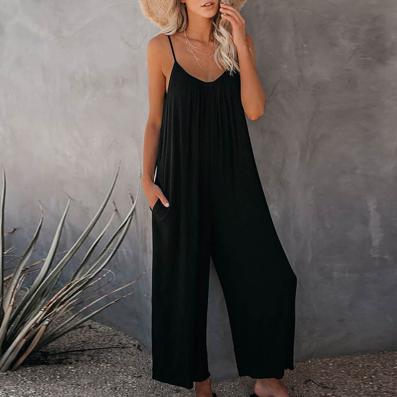 Women's Plus Size Summer Jumpsuit - Wide Leg Romper with Pockets for Casual Outings