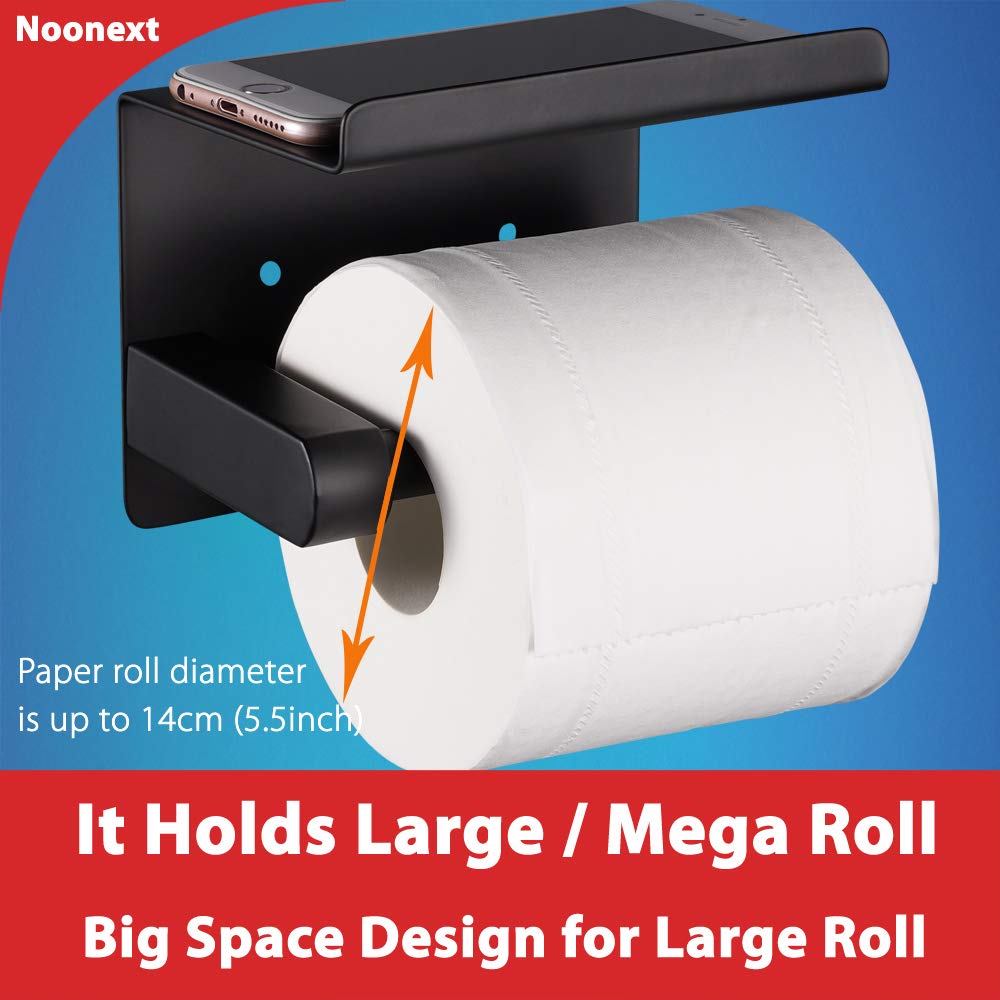 Stainless Steel Toilet Paper Holder with Shelf - No Drill Adhesive Mount - Black Matte SUS304 Bathroom Tissue Dispenser for Mega Rolls | Perfect for Small Bathrooms, RVs & Apartments