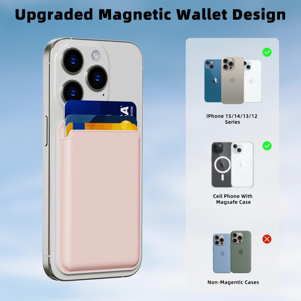 Magnetic Leather Wallet for iPhone 16/15/14/13/12 Series - Slim RFID Blocking Card Holder with Strong Magnets (Light Pink) | Perfect for Everyday Use, Travel & Contactless Payments