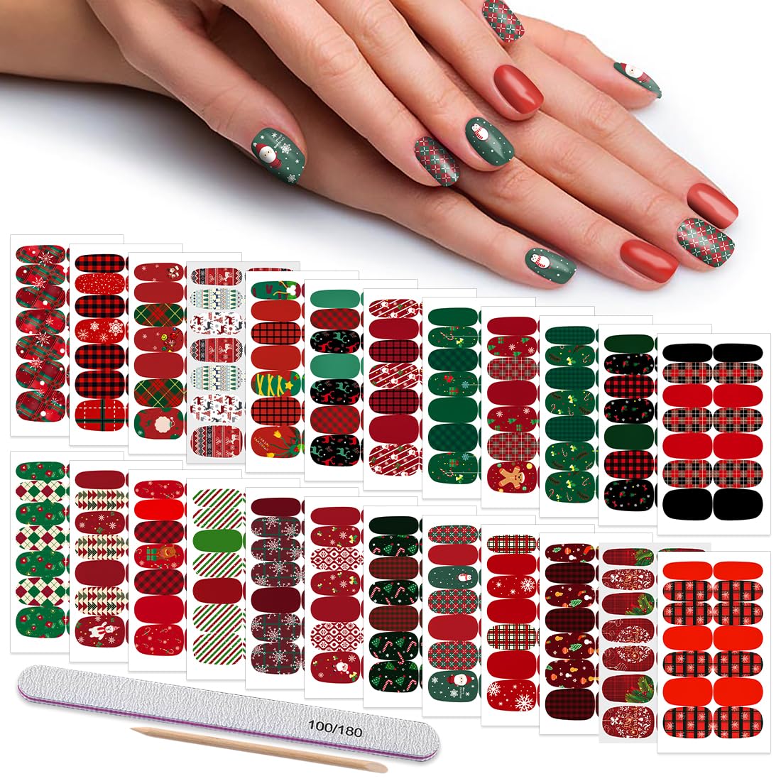336 Pieces Christmas Nail Wraps - Self Adhesive Nail Art Stickers & Polish Strips for Women with Nail File & Cuticle Stick (Classic Series) - Perfect for Holiday Parties, Gifts & DIY Nail Designs