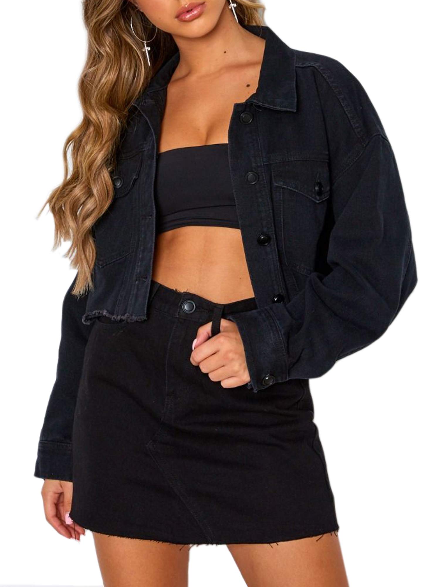 Eliacher Women's Boyfriend Denim Jacket - Long Sleeve Loose Fit Distressed Jean Coat for Casual Outfits & Streetwear Fashion | Perfect for Spring, Fall Layering and Everyday Wear