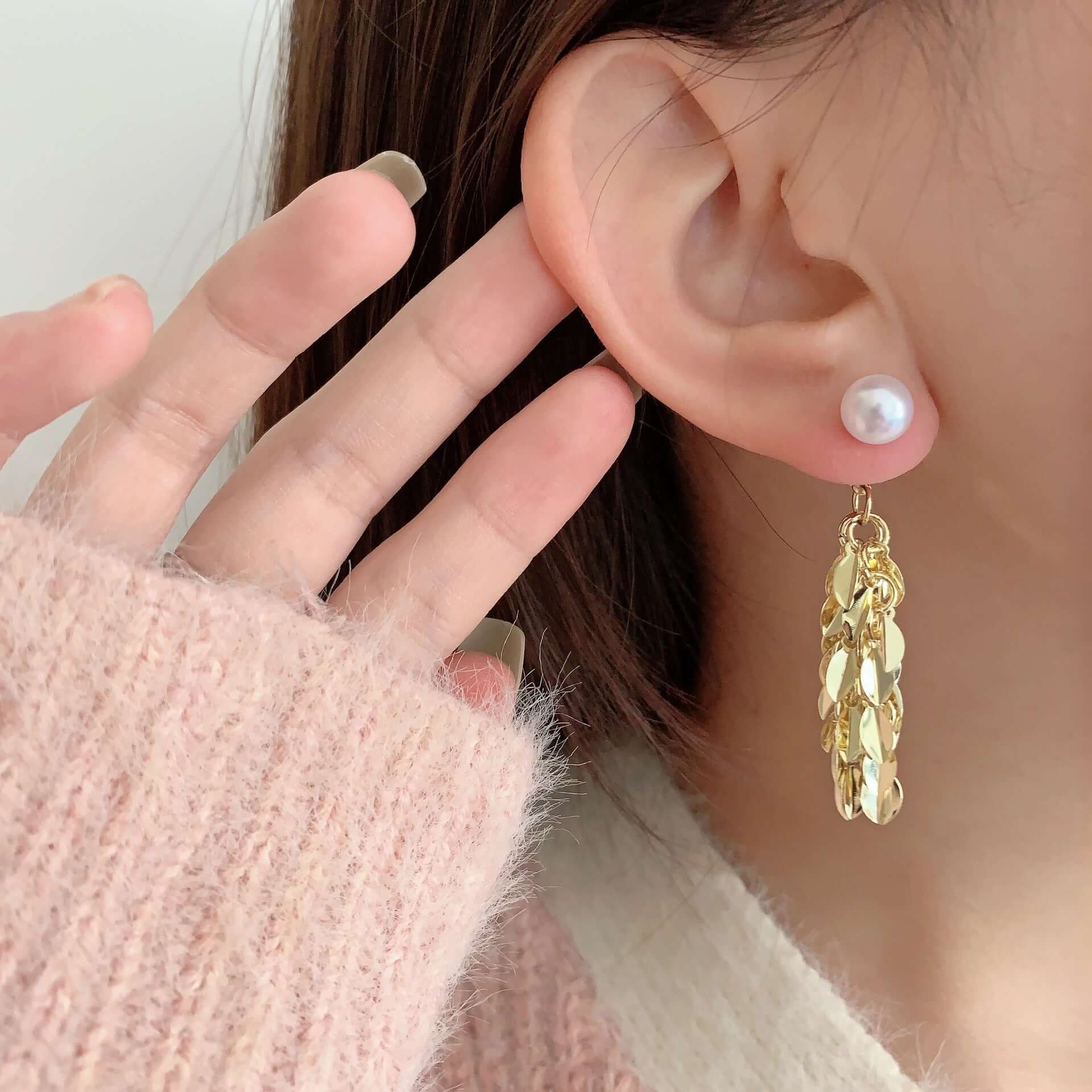 Two Tone Multi Way Pearl Leaf Ear Jacket Earrings for Women - Elegant Dangle & Stud Earrings for Party, Wedding & Everyday Wear | R0609