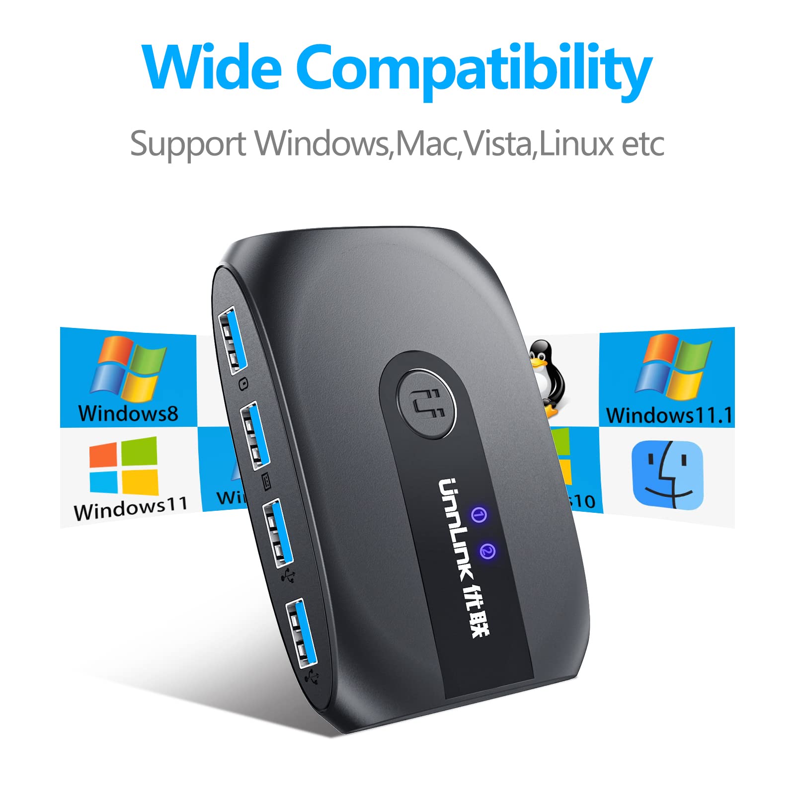 USB 3.0 KVM Switch Selector - 2 Port 4 Device Sharing Hub for Mouse, Keyboard, Printer & Scanner - One-Button Swapping Adapter for Home Office & Gaming Setup