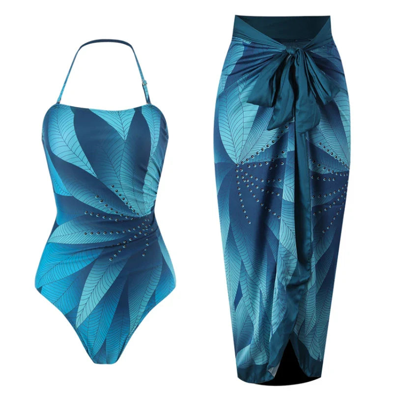 Elegant Blue Leaf Printed One Piece Swimsuit for Women - High Waisted Tummy Control Swimwear with Halter Neck | Perfect for Beach Vacations, Pool Parties & Summer Getaways