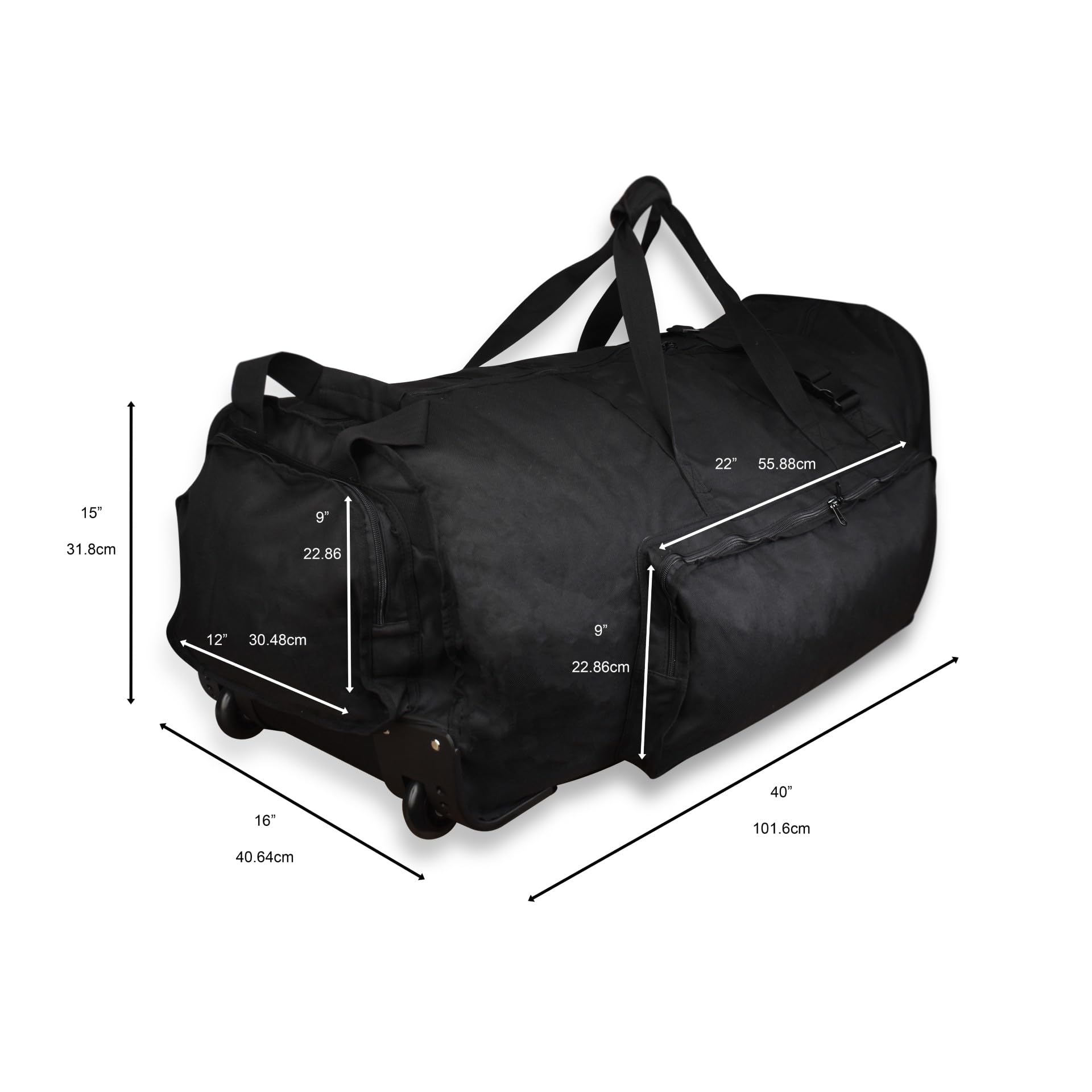 Brentmoor Large Black Rolling Duffle Bag with Wheels - Foldable Drum Hardware Travel Luggage with Drum Stick Carry Case - Perfect for Musicians, Drummers & Road Trips
