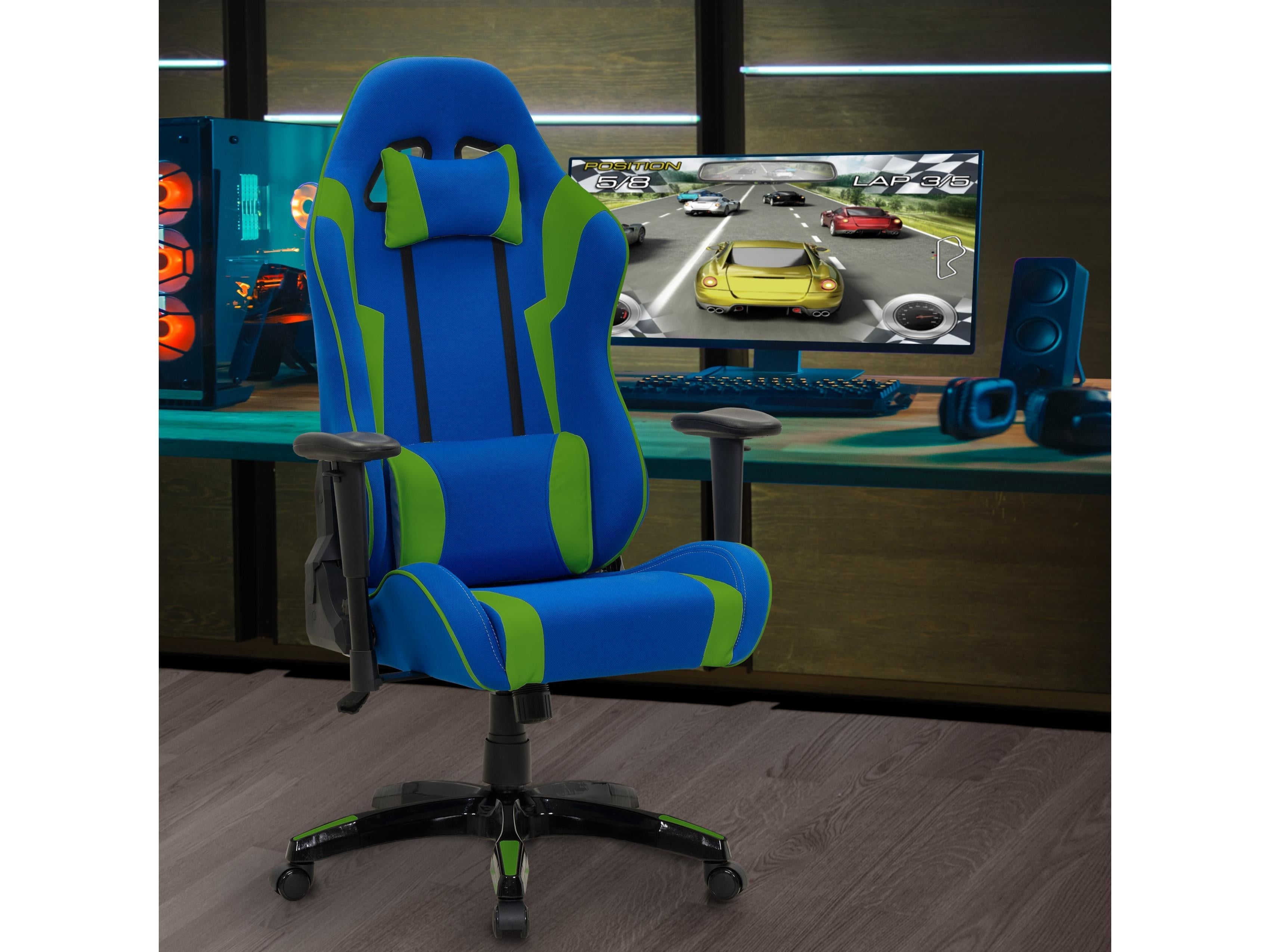 Ergonomic Blue and Green Gaming Office Chair - Adjustable Height, Lumbar Support for PC & Desk - Perfect for Gamers, Home Office & Streaming Setup