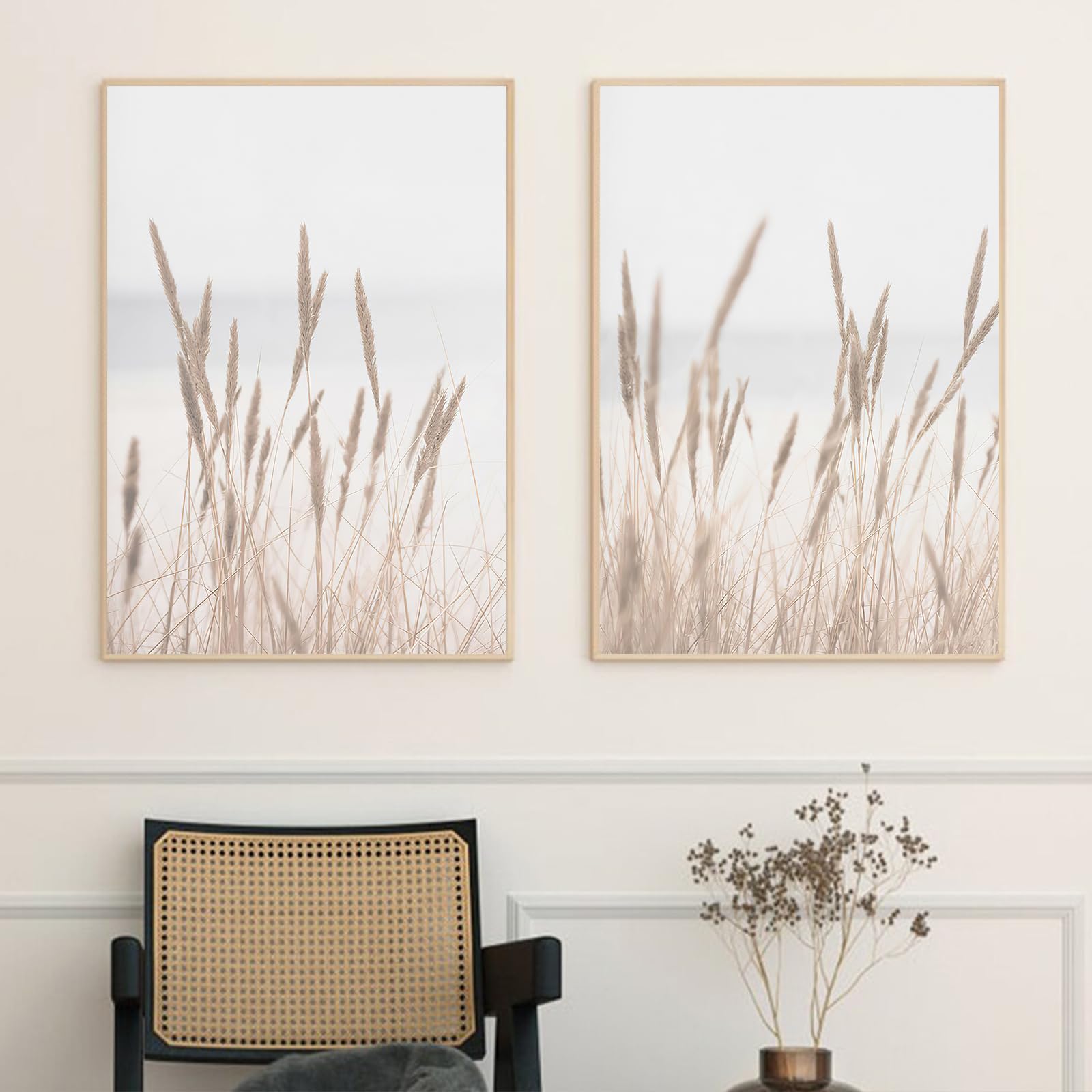 Boho Pampas Grass Canvas Wall Art - Beige Minimalist Dried Pampas Grass Beach Painting - Coastal Home Decor for Living Room, Bedroom & Office - Unframed Modern Wall Decor
