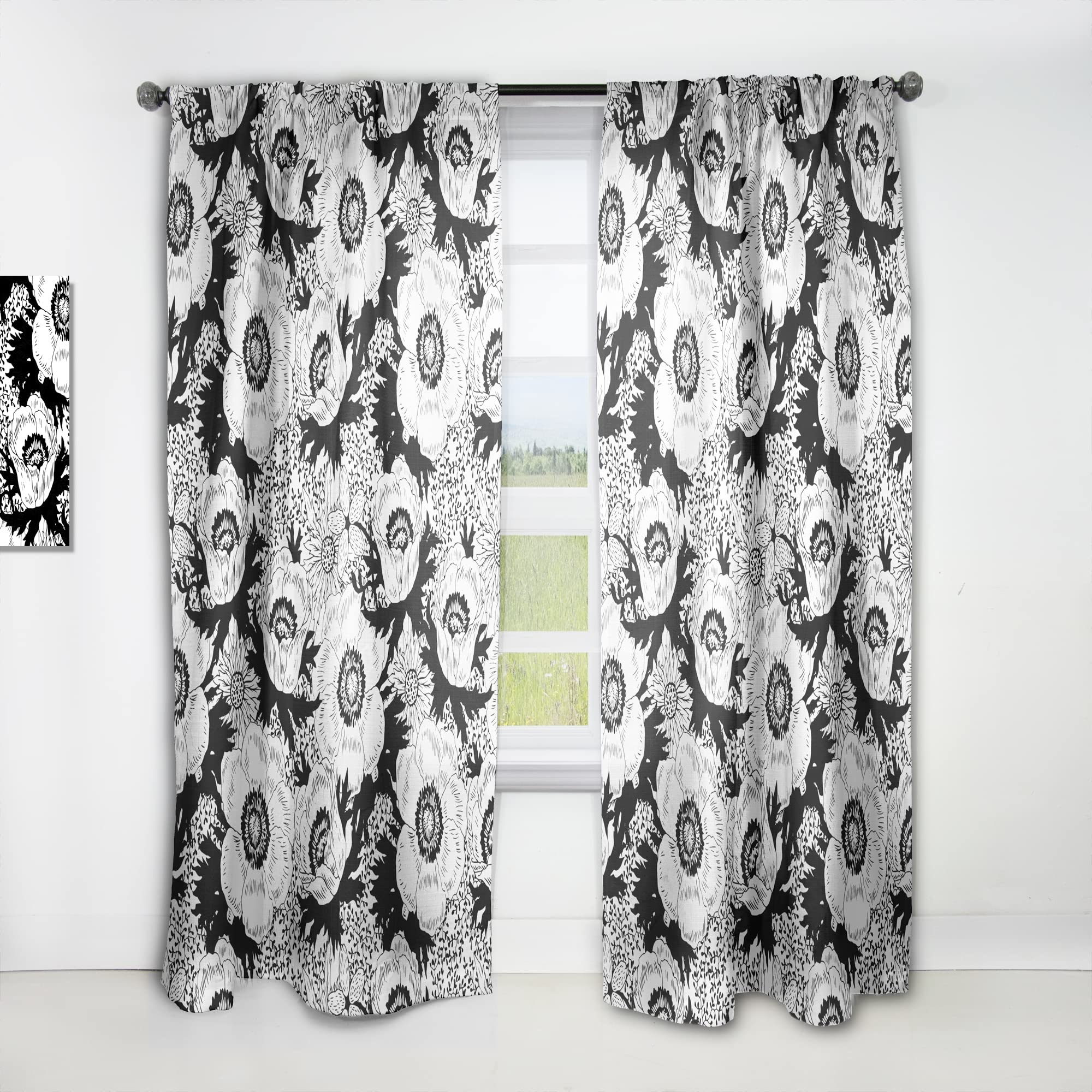 DesignQ Retro Monochrome Floral Print Thermal Insulated Curtain Panel - 52x120 Inches - Black & White Flower Pattern Drapes for Bedroom & Living Room - Perfect for Vintage Home Decor & Temperature Control